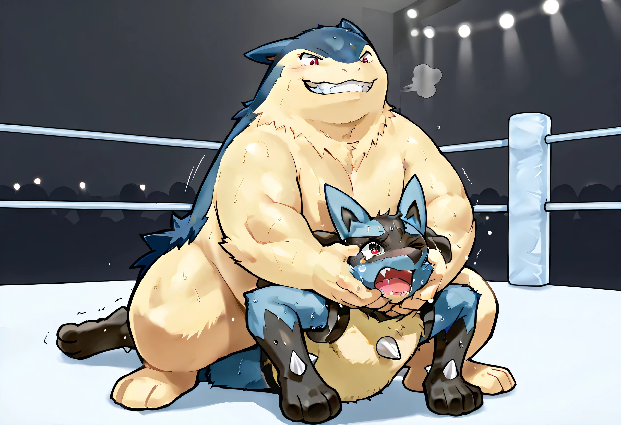 4k ultra quality, 4k full body view,masterpiece quality, giant typhlosion camel clutch to small lucario, wrestling, [lucario:on stomach, throw his head backward, open his arms wide, very small build, young,open mouth, close his eyes, tears in his eyes], [typhlosion:squatting on lucario's back, camel clutch, giant bulky fat, massive strong large body, thick arms, arms sleeper hold lucario's neck, evil grin, sweaty], size difference, The camel clutch was decided from behind by the lucario, seeing from below, wrestling background