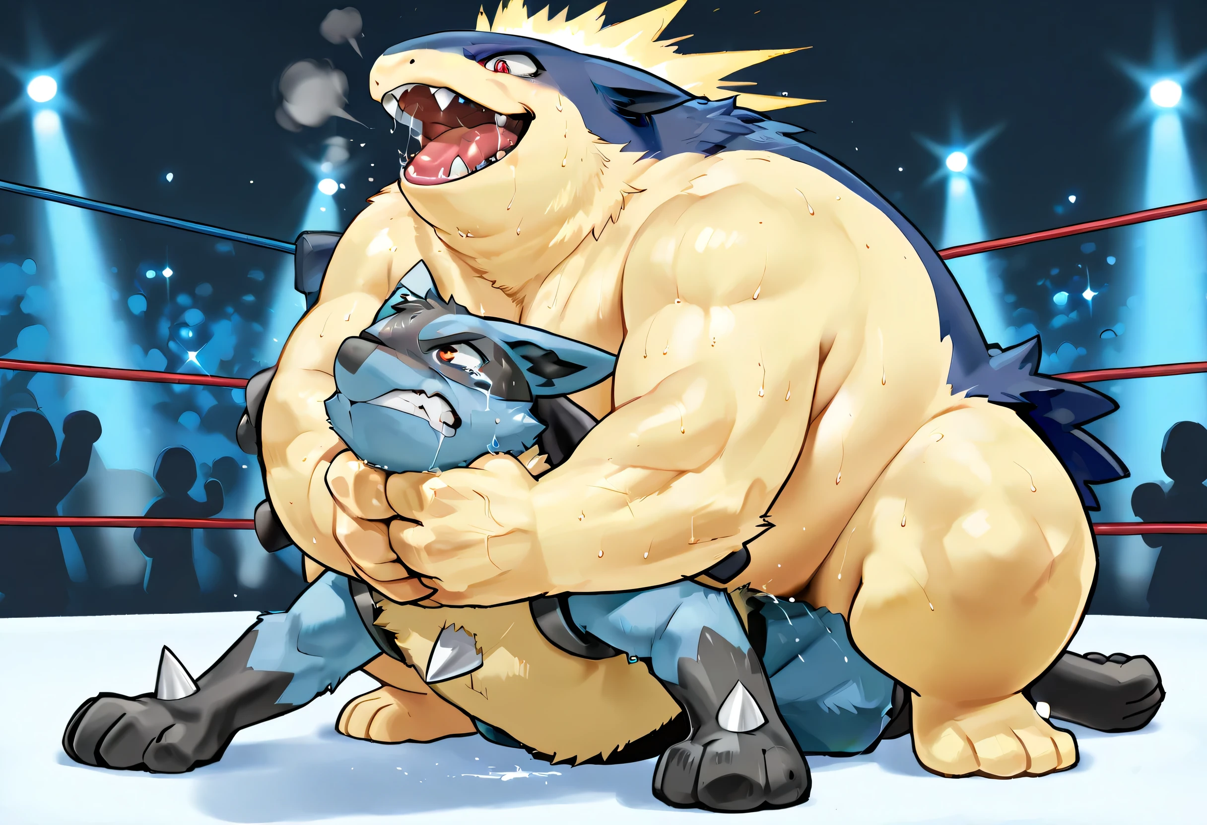 4k ultra quality, 4k full body view,masterpiece quality, giant typhlosion camel clutch to small lucario, wrestling, [lucario:on stomach, throw his head backward, open his arms wide, very small build, young,open mouth, close his eyes, tears in his eyes], [typhlosion:squatting on lucario's back, camel clutch, giant bulky fat, massive strong large body, thick arms, arms choke sleeper hold lucario's neck, evil grin, sweaty], size difference, The camel clutch was decided from behind by the lucario, seeing from below, wrestling background