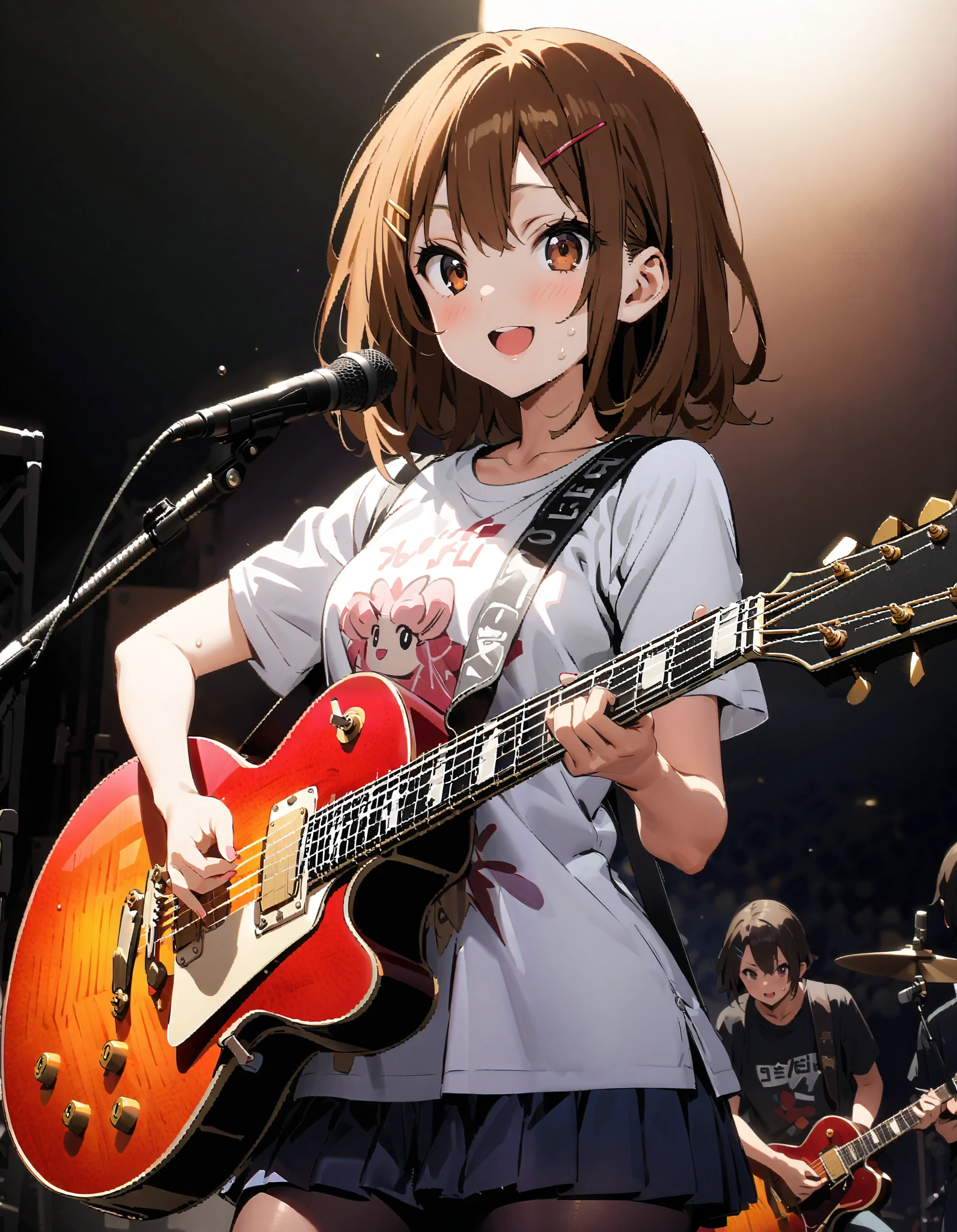 score_9, score_8_ up the side, score_7_ up the side, source_Anime,
Yui Hirasawa, Yui Hirasawa, brown eyes, Hair, hair ornament, hair clip, medium hair ,smile, open their mouths, black pantyhose,Playing with a black oversized , t-shirt mini pleated skirt , guitar(Gibson) , Instrument playing, Stage Performance , Heat,Singing in front of the microphone, playing in front of the microphone,sweat,whole bodyがイラストに入るように,
break looking at viewer,whole body,
break indoors, live house, rock band concert ,
break (masterpiece:1.2), top quality, high resolution, unity 8k 壁紙 , (shape:0.8), ( attention to beautiful details :1.6), Highly Detailed Face , perfect lighting, highly detailed CG, ( perfect hand, perfect anatomy),