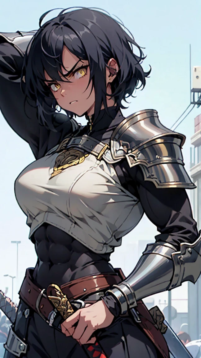 best quality, 1girl adult, african american girl, dark brown skin, brown hair, short hair, braided hair ponytail, athletic, brown eyes, extra big overflowing breasts, assertive eyes, futuristic armor
