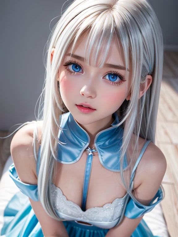Exceptional sexy beauty、Beautiful, calm and bright expression、Sexy refreshing look、Perfect beautiful pretty face、Very bright, light blue eyes、Short ponytail、Long bangs between the eyes、Long platinum blonde straight hair、Beautiful facial hair、Very cute beautiful sexy young woman、Very perfect beautiful pretty face、Beautiful clear cute eyes
