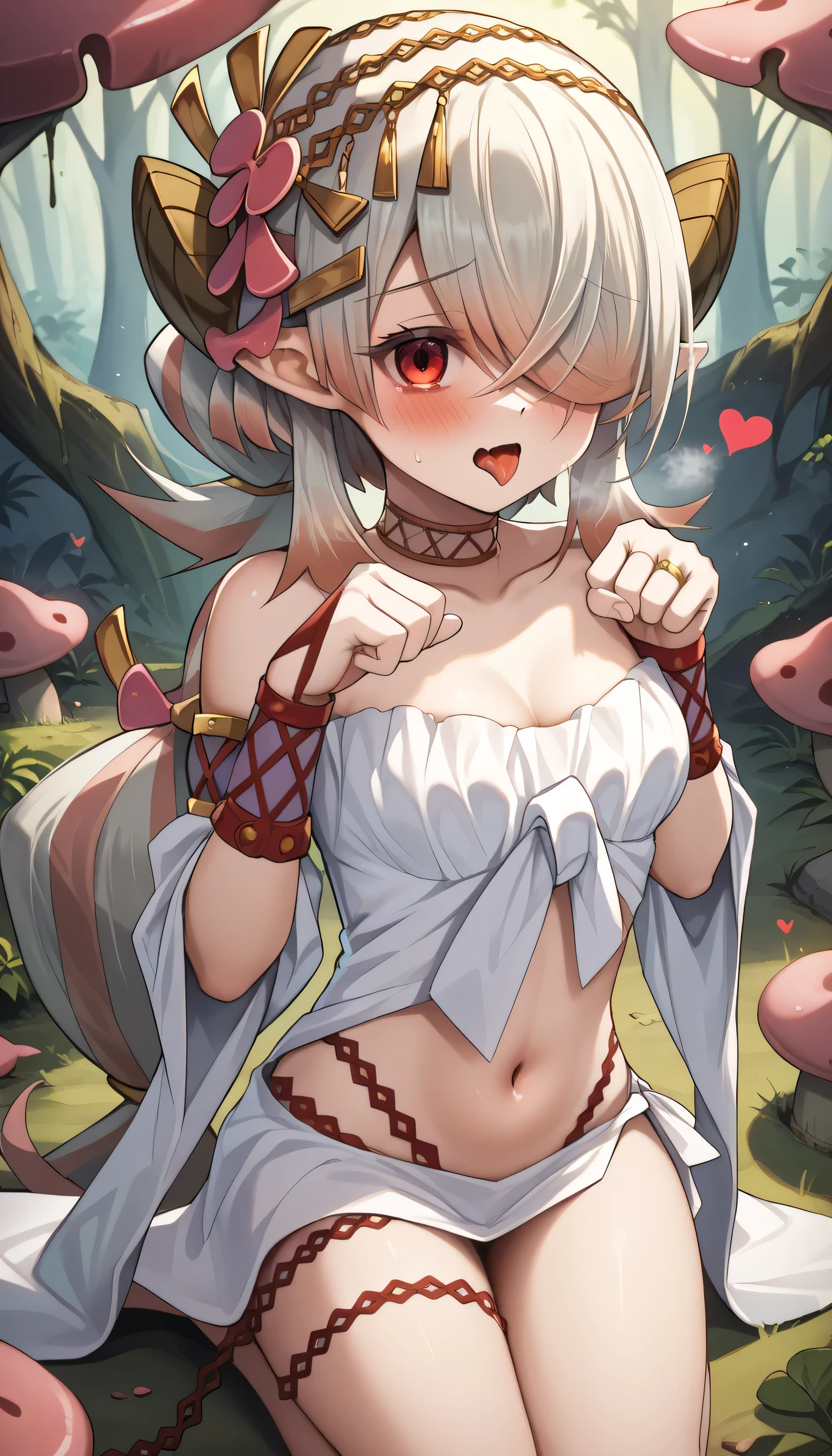 score_9, score_8_up, score_7_up, source_anime, source_furry, (beautiful, detailed background, digital artwork, digital art, well shaded artwork, depth, detailed artwork)1.2, 1girl, female, large expressive eyes, (detailed red eyes)1.2, small breast, natural breasts, breast sag, slim hips, slim thighs, closeup++, three quarter portrait, facing viewer, shy face, looking at viewer, traptrix pinguicula, from YU-GI-OH, young, short, hair ornament,pointy ears,long hair,navel, jewelry,bangs,twintails,chain,horns,collarbone,ring,hairband,gradient hair,blonde hair, white hair, heart particle, love, from above, close up face, focus on face, Embarrassed,blush,Lustful face,Heavy breathing, In forest, elf village background, big mushroom background, tongue out. Paw pose