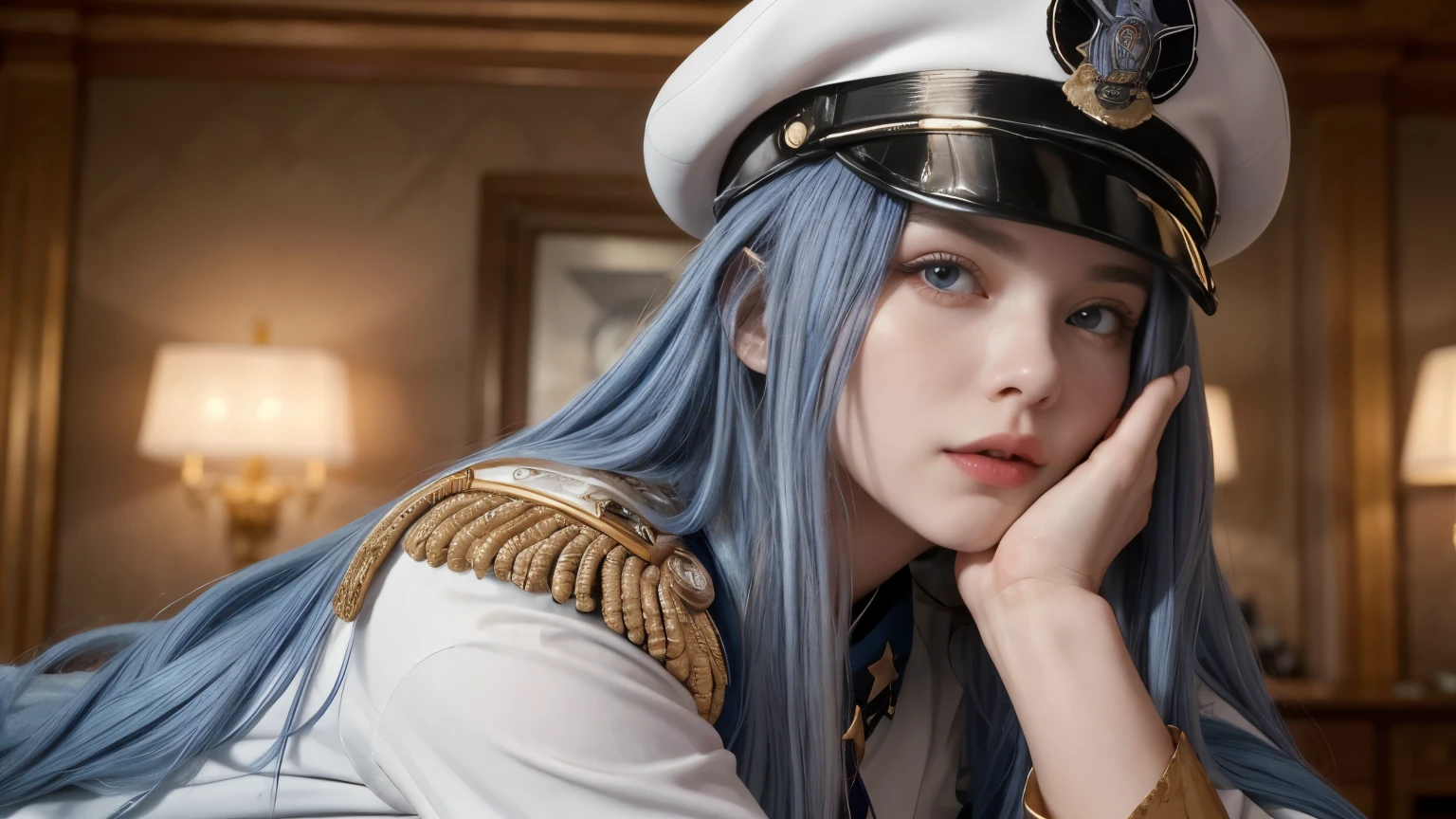 European woman with long blue hair, wearing full white commissar's uniform, complete with epaulettes and cap with a gold star, athletic body with thick thighs and large breasts, very detailed face, gorgeous eyes, fleshy lips, fierce, determined pose, candid photorrealistic, 8k, Masterpiece