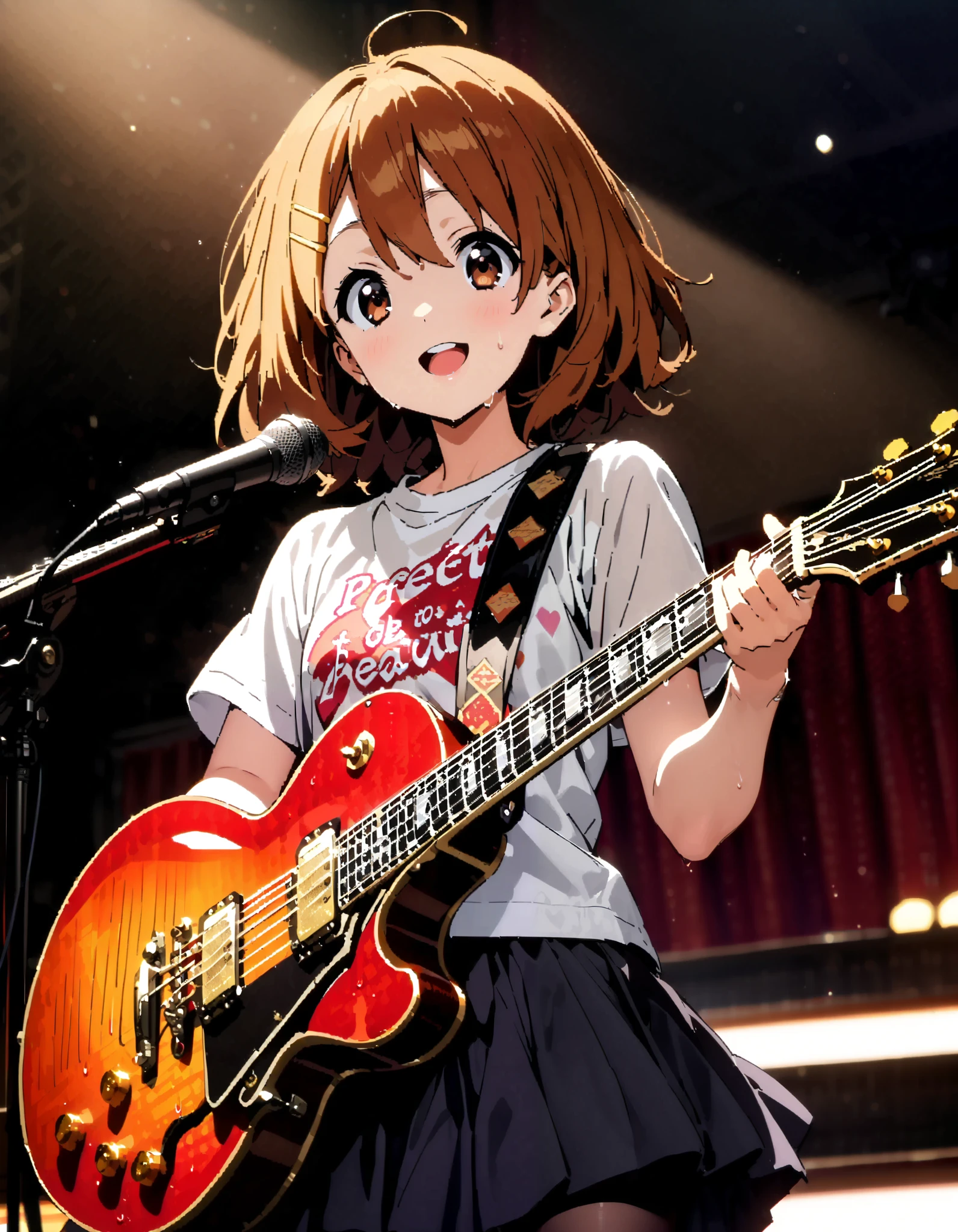 Yui Hirasawa, Yui Hirasawa, brown eyes, Hair, Alone, hair ornament, hair clip, medium hair ,smile, open their mouths, black pantyhose,Playing with a black oversized , t-shirt mini pleated skirt , guitar(Gibson) , Instrument playing, Stage Performance ,Singing in front of the microphone, playing in front of the microphone,sweat,whole bodyがイラストに入るように,
break looking at viewer,whole body,
break indoors, live house,
break (masterpiece:1.2), top quality, high resolution, unity 8k 壁紙 , (shape:0.8), ( attention to beautiful details :1.6), Highly Detailed Face , perfect lighting, highly detailed CG, ( perfect hand, perfect anatomy),