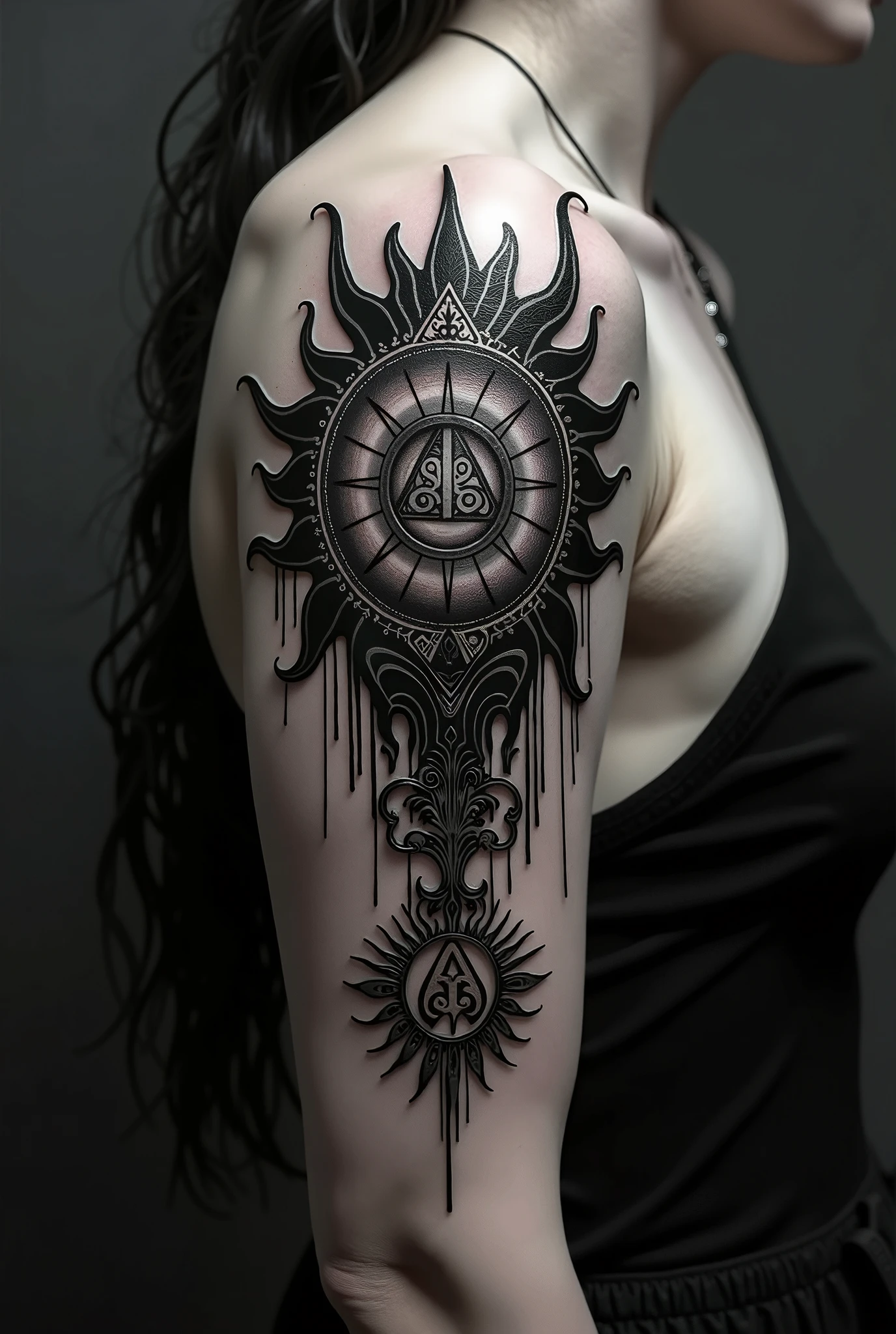 Blackword tattoo with dark style with sun and magic theme on the shoulder