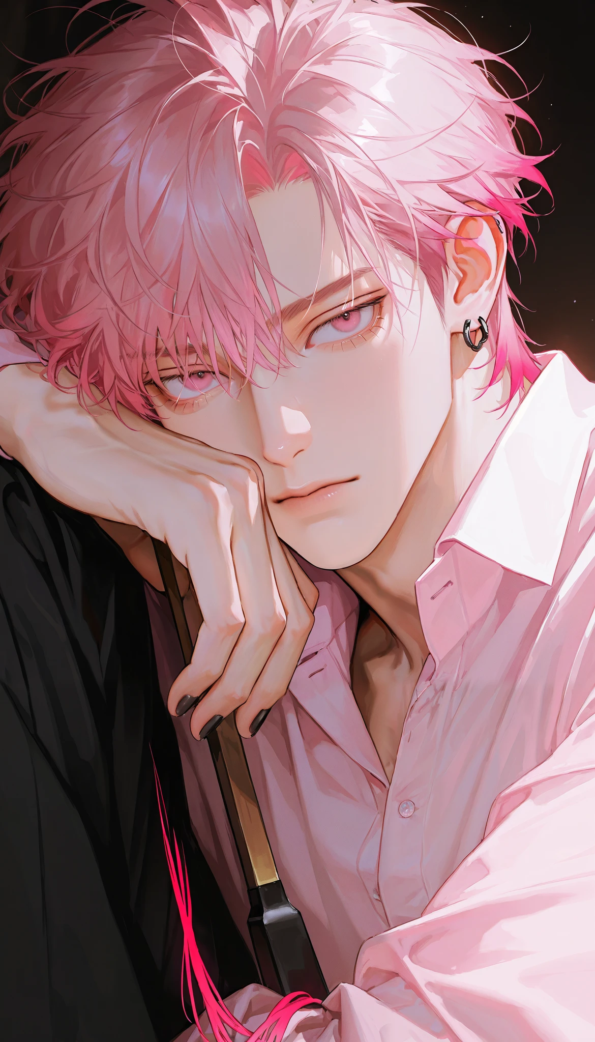 Handsome man, mature man, 1 man, handsome man, dark pink hair, light pink highlights, messy hair, male focus, focus, black nail polish, collared shirt, dark pink eyes, displeased expression , lying, technological background, dark background, black earrings, high details, perfect eyes, Korean men, thick brushstrokes, cinematic light, semi-realistic art, semi-realistic art style, impressionist painting,detailed art style, expressive brush strokes, vibrant brush strokes, impressionist painting,realistic skin, realistic hair, realistic details, photo realistic, High details, uncensored,
