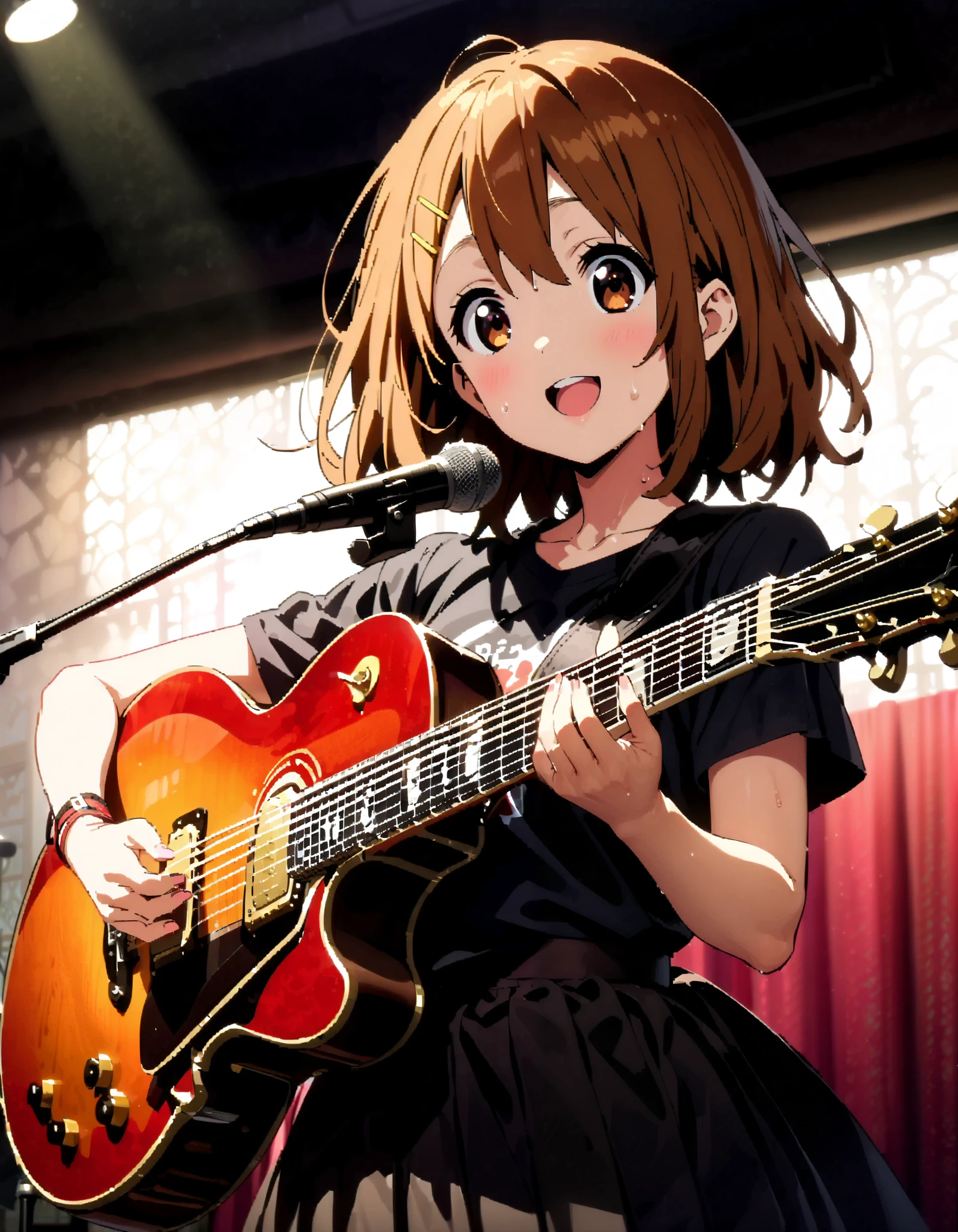 Yui Hirasawa, Yui Hirasawa, brown eyes, Hair, Alone, hair ornament, hair clip, medium hair ,smile, open their mouths, black pantyhose,Playing with a black oversized , t-shirt mini pleated skirt , guitar(Gibson) , Instrument playing, Stage Performance ,Singing in front of the microphone, playing in front of the microphone,sweat,whole bodyがイラストに入るように,
break looking at viewer,whole body,
break indoors, live house,
break (masterpiece:1.2), top quality, high resolution, unity 8k 壁紙 , (shape:0.8), ( attention to beautiful details :1.6), Highly Detailed Face , perfect lighting, highly detailed CG, ( perfect hand, perfect anatomy),
