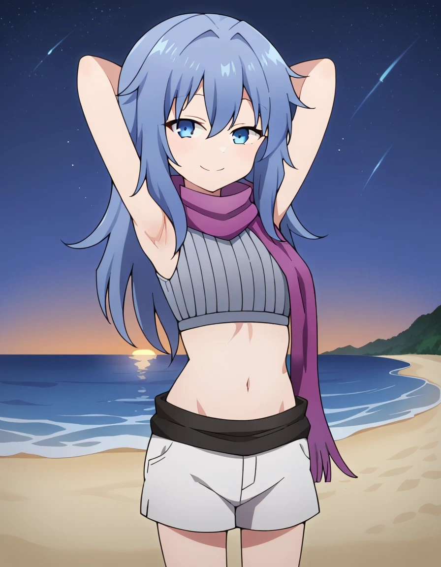 Hagi, blue eyes, blue hair, long hair, crop top, sleeveless, purple scarf, shorts, high quality, closed mouth, solo, cowboy shot, night sky, beach, arms behind head, (contrapposto), spread armpits, looking at viewer, best quality, smile