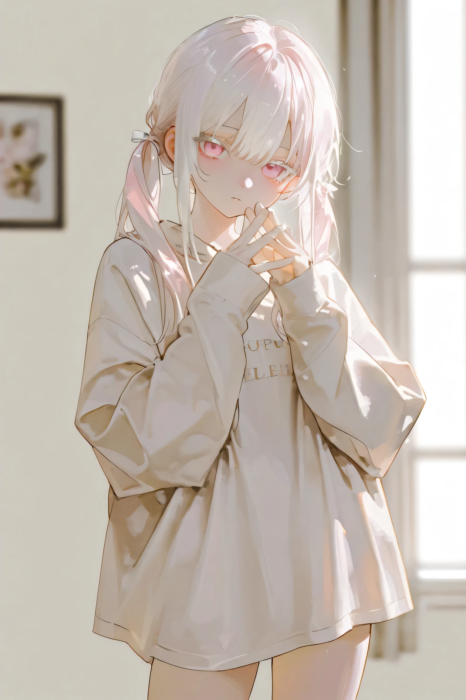 masterpiece、 best quality、Good quality、 average quality 、 super detailed、 very beautiful、 absurd、 blurry background、 depth of field、 natural light、 soft lighting 、Good hands 、 detailed eyes on board、 detailed hair、sensitive、1girl、solo、 Looking at the viewer , standing,Pigtails that went down,white hair , light pink eyes ,White eyelashes ,cute clothes ,Simple background