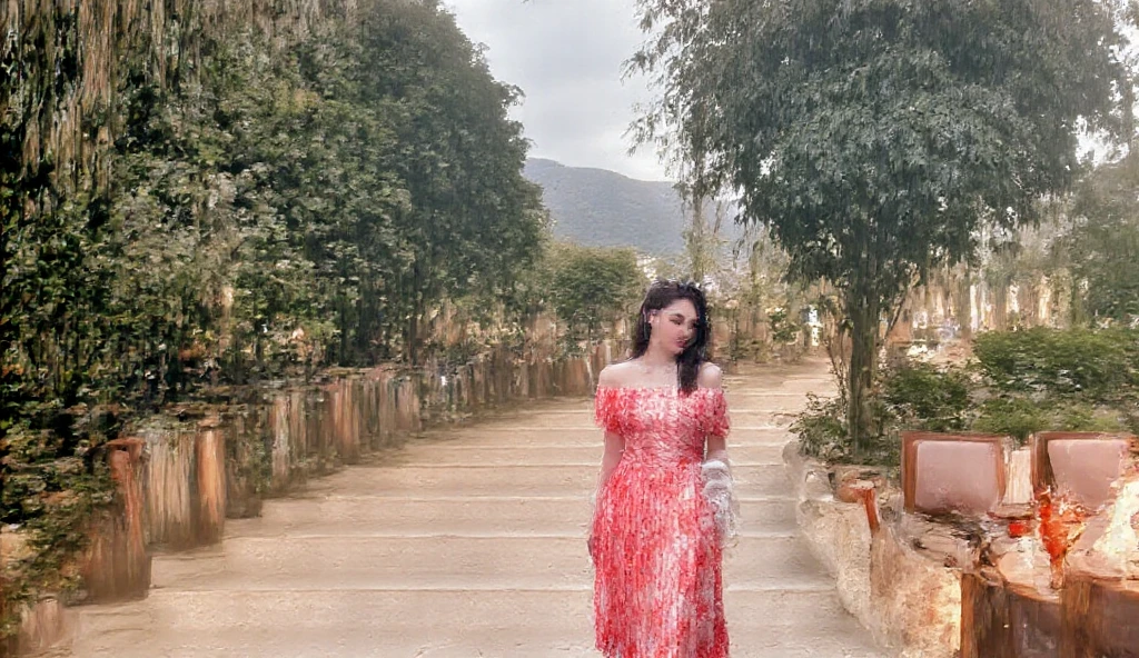 (((a girl alone:1.4))),((full-body, cinematic-shot)),(best quality,4k,8k,highres,masterpiece:1.2),ultra-detailed,(realistic,photorealistic,photo-realistic:1.37),(beautiful and aesthetic:1.2),vibrant color,(film grain:1.3).

(((1girl))),(((solo))),(18years-old),[Clotilde-Fatimah-Carmelita],(sharp focus:1.5),pearl skin,(skin pores:1.1),beautiful detailed eyes,beautiful detailed lips,extremely detailed eyes,longeyelashes,extremely detailed face and skin texture,(skin texture:1.1),black hair,tall and slender body,(192cm tall),thin and delicate figure,graceful posture,flawless skin,defined abs,perfect curves,feminine appearance,beautiful long legs,embodying elegance and beauty,(cleavage breasts,large breasts:1.4),((wearing an ethnic (red:1.4) (ultra-short) minidress:1.4)),extremely detailed and realistic (red) clothes.

[This  a scene of beautiful morning scenery in a village at the foot of a mountain. The village  located amidst mountains and lush natural surroundings. This image will be displayed in ultra-high detail, with realistic effects and exciting colors. In this image we can see the charming charm of the village, the tranquility and beauty of the mountains, and the natural light that shines all around. The mountains on the screen show the magnificence and beauty of the mountains. The mountains are so tall and majestic, exuding an atmosphere of tranquility and grandeur. The green grass between the mountains adds vitality and vitality to this place. The early morning mist gently covers the mountains, giving people a mysterious and charming feeling. Around the village we can see lush natural scenery. Lush meadows, flowing creeks and rustling leaves mingle with the sounds of nature. The singing of birds sounded softly, which was soothing. In this tranquil environment we can enjoy the fresh air and cool mornings.].

Angelic ethereal beauty,studio photography,professional photography.