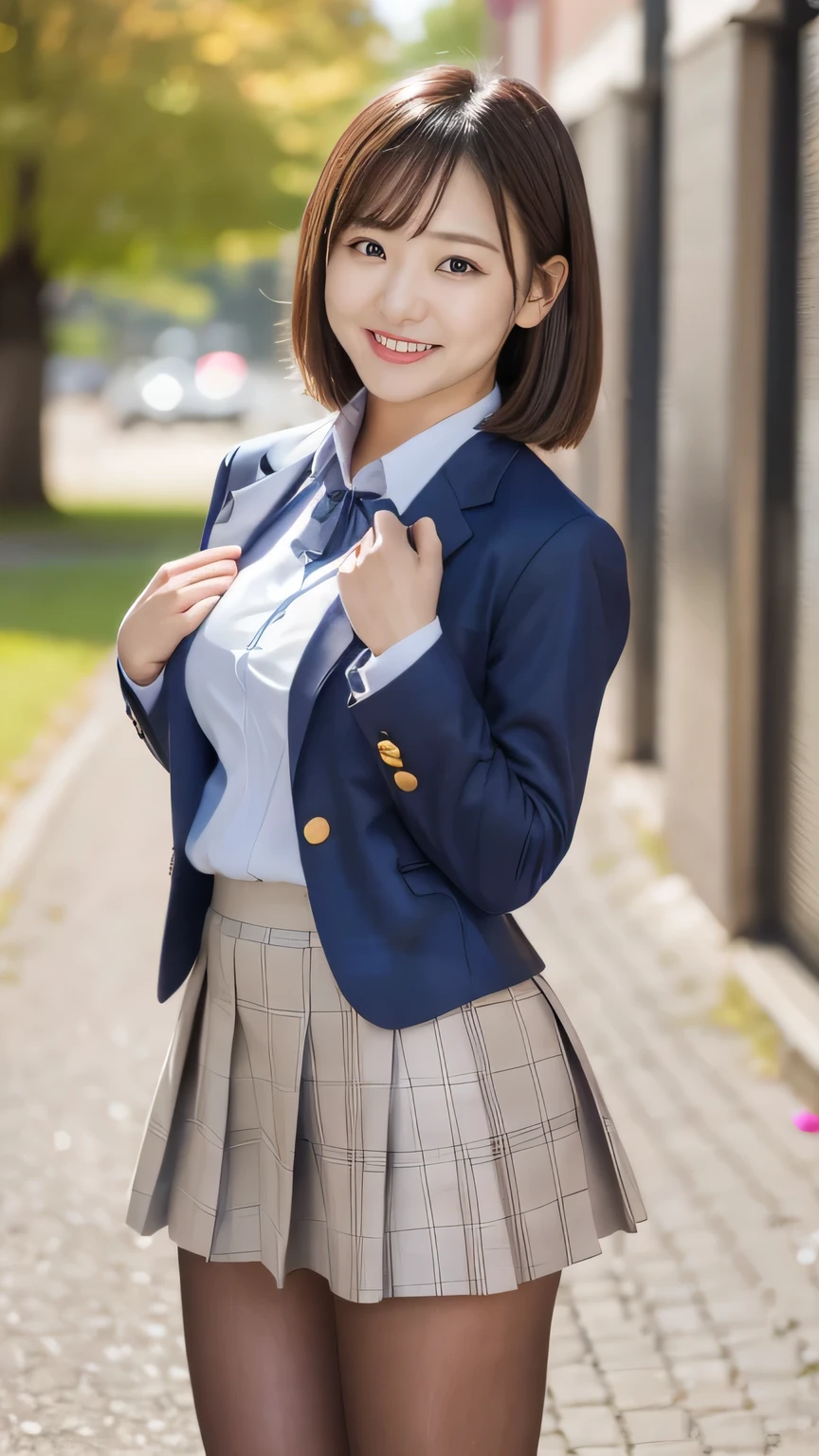 top quality、8k、Masterpiece、 Ultra High Resolution、Clear Photo、 professional lighting、 natural light、 is present、 perfect anatomy、 one woman、:1.8、smile、Big Breasts、saggy breasts:1.2、 beautiful hair、 short bob hair、 high school student uniform、 navy blue blazer、 tartan check mini skirt、 big ribbon、((Shiny pantyhose))、 sneakers、 stand and pose