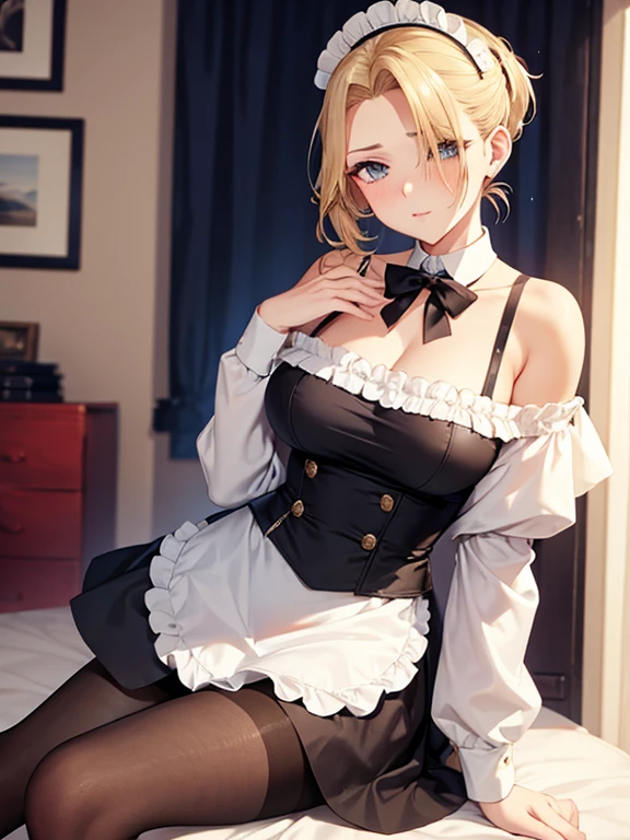 ((masterpiece, highest quality, Highest image quality, High resolution, photorealistic, Raw photo, 8K)), Ultra Wide Angle, blonde, maid dress, mini skirt, medium hair, onnanoko, (cleavage:1.3), (side boob:1.2), (wide waist:1.2), sexy thighs, naval, loose appron, sad, blushing, (small breast:1.2), (breast gap:1.6), nipples bulged, raise hand, armpit