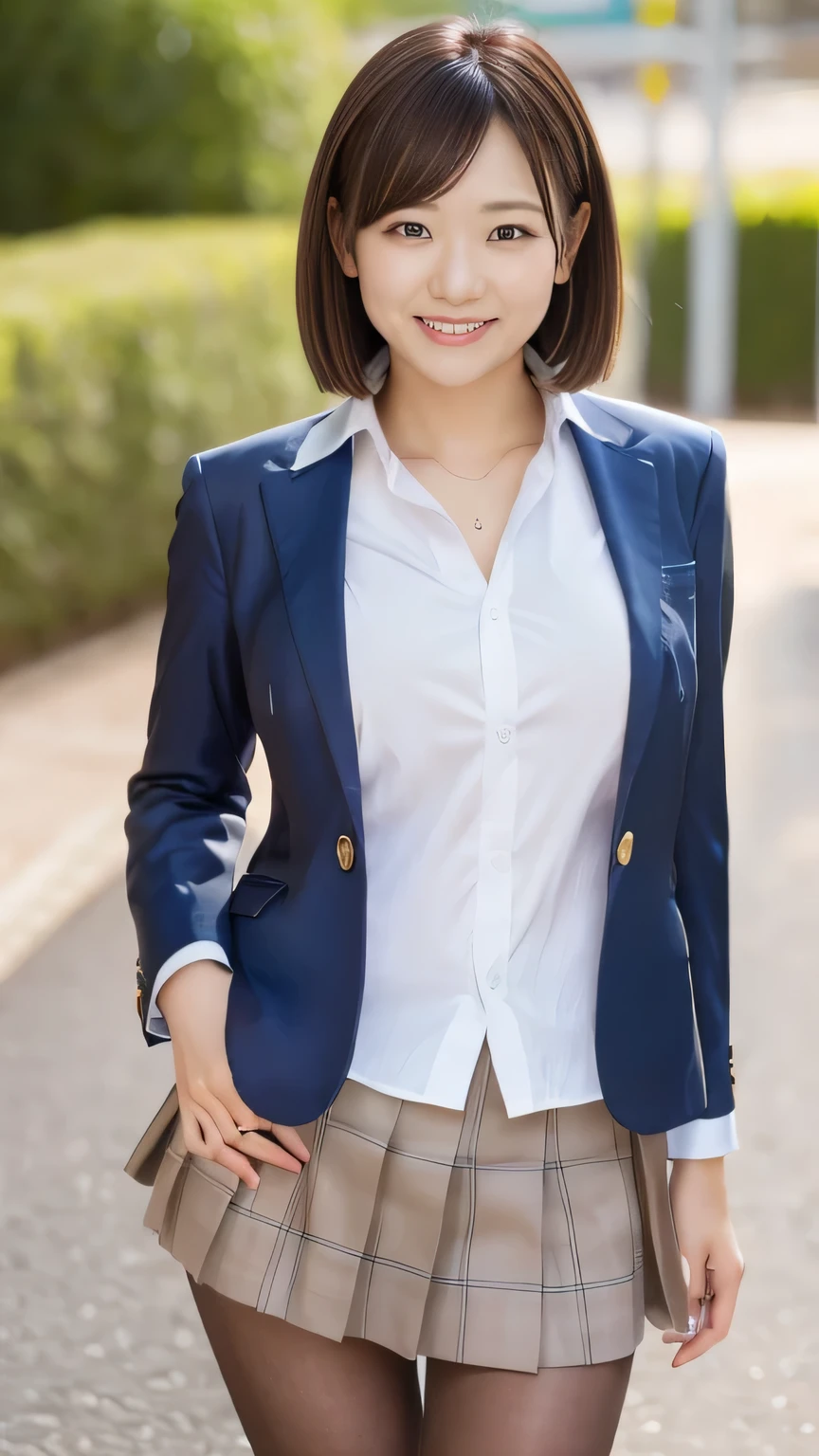 top quality、8k、Masterpiece、 Ultra High Resolution、Clear Photo、 professional lighting、 natural light、 is present、 perfect anatomy、 one woman、baby face:1.8、smile、Big Breasts、saggy breasts:1.2、 beautiful hair、 short bob hair、 high school student uniform、 navy blue blazer、 tartan check mini skirt、 big ribbon、((Shiny pantyhose))、 sneakers、 stand and pose