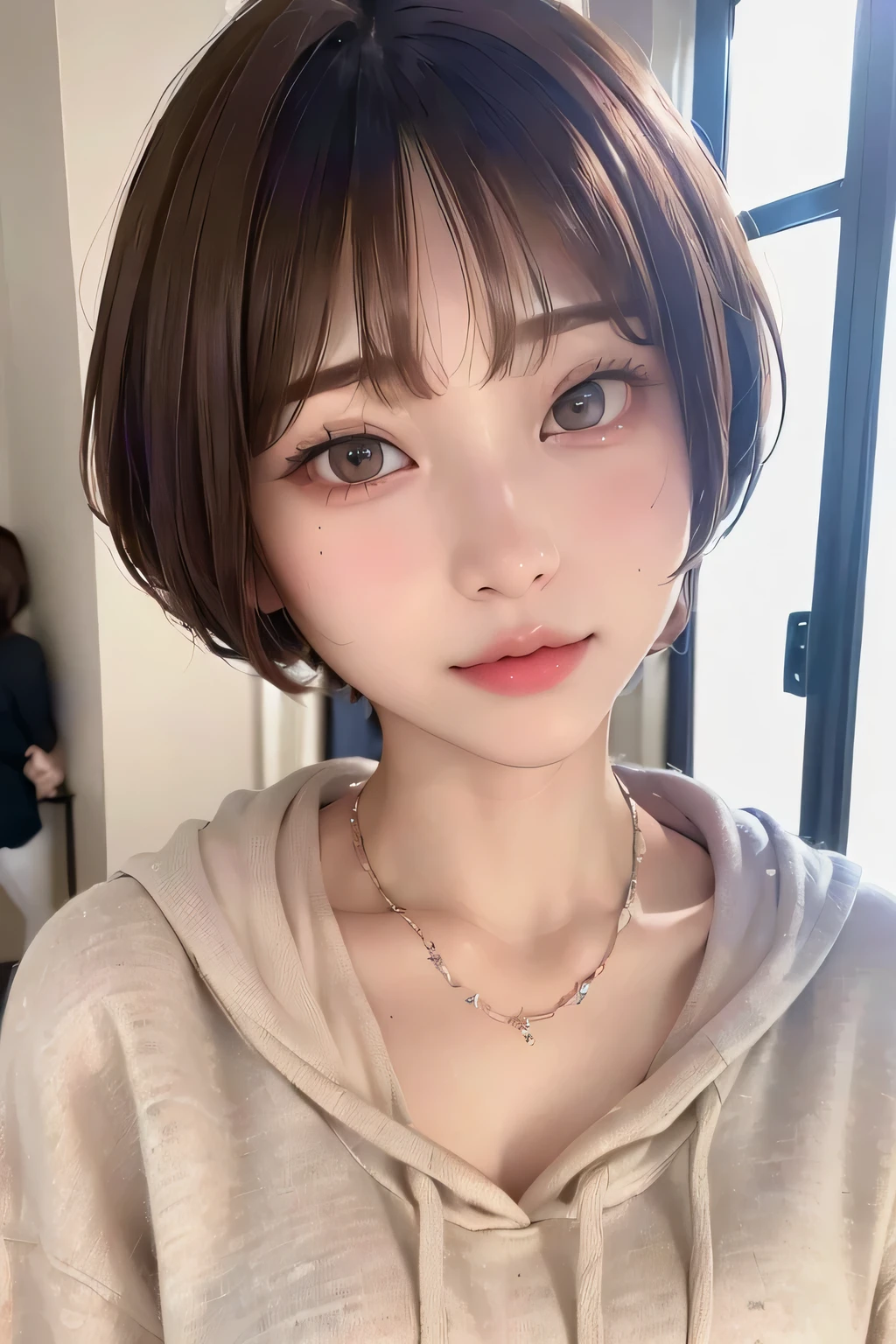 top-quality、masterpiece、超A high resolution、(realisitic:1.4)、(True skin texture:1.3)、(film grains:1.3)、the panorama、portlate、Very wide lens、a closeup、Tindall Effect、perfect beautiful female、beautiful detailed eyes and face、Small Smile、short cut hair、Petite bust、Small necklace、sleeveless shirts、Strong sunshine、iced coffee、Summer sea and sky、Short sleeved shirt、