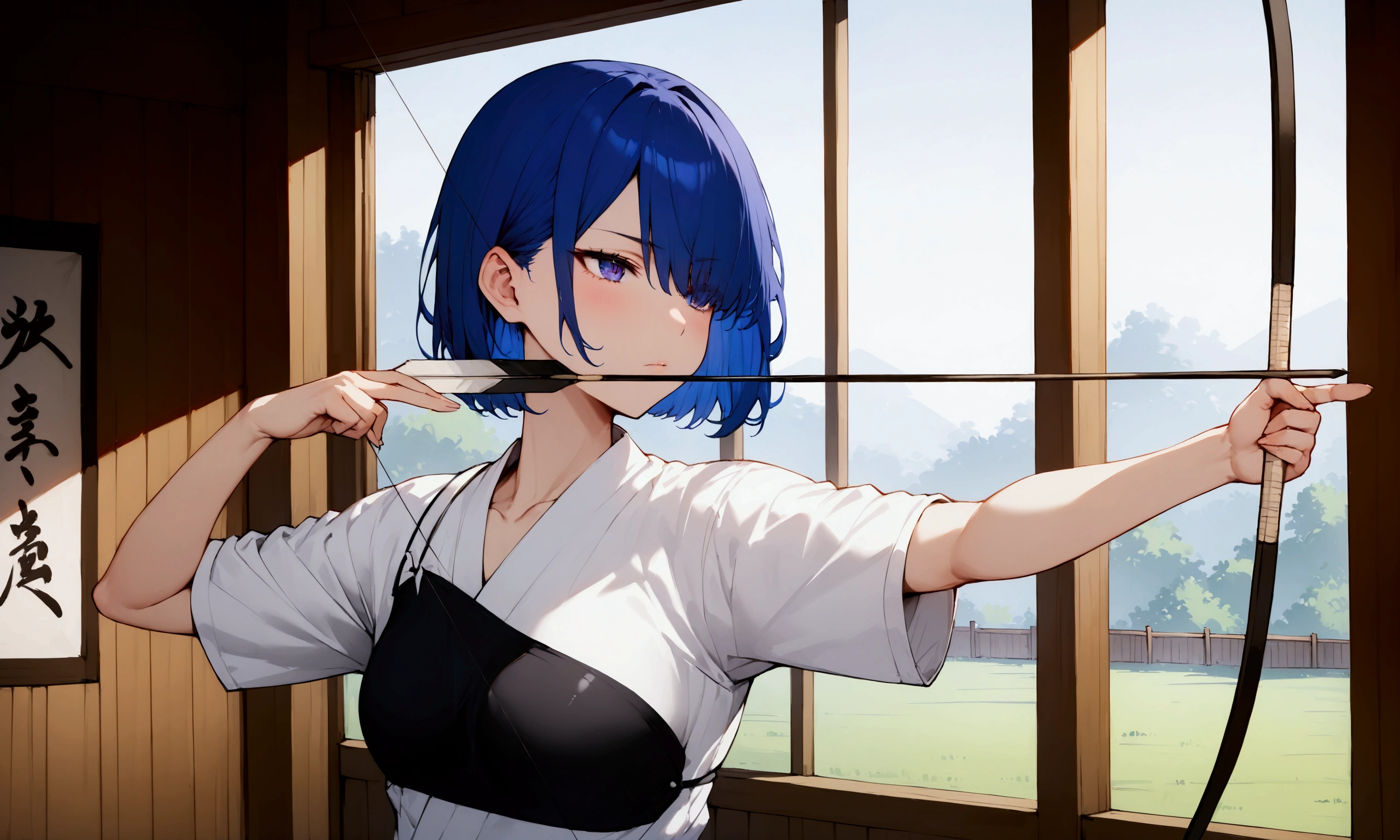 (masterpiece),(absurdres),(ultra detailed),(beautiful detailed),(closed mouth),( solo girl ,(19-year-old),slender:0.8,(shiny ultramarine hair),straight hair,(short bobcut:1.1),(Ultramarine eyes),(hair covering one eye:1.1),(middle breast:0.5),Japanese Kyudo 、Draw the bow、Shoot an arrow 、shoulder guard:1.2,looking away:1.2,half-closed eyes,side view:1.3,serious,(Japanese dojo background)、Shall