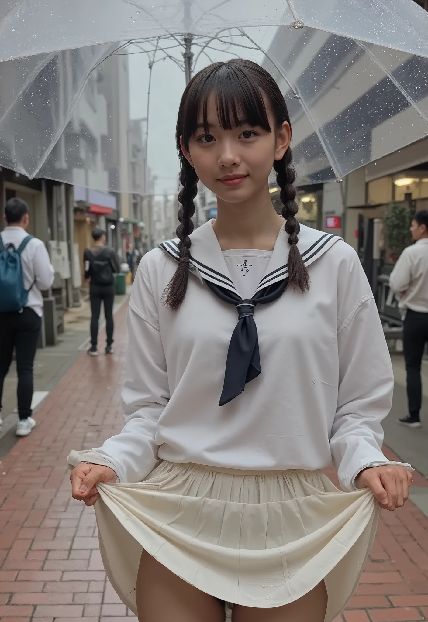 (4K, masterpiece,   high quality,  Details), (( sailor suit,  white panties,  slender,  sexy collarbone,  flat chest, Body like a ,  Clothes Are Wet ,  Butt Facing the Camera )), (( braid braids, スカートから  white panties が見えている、 skirt slightly with both hands、 panties)),  masterpiece, 最 high quality, Raw Photos,  photorealistic , face,  unbelievably ridiculous ,  beautiful girl,  depth of coverage,  high resolution, 超 Details,  Finely Details, 、非常に Details, 極めて精巧な目とface,  sharp pupils, Realistic pupil,  Clear Focus,  cinematic lighting