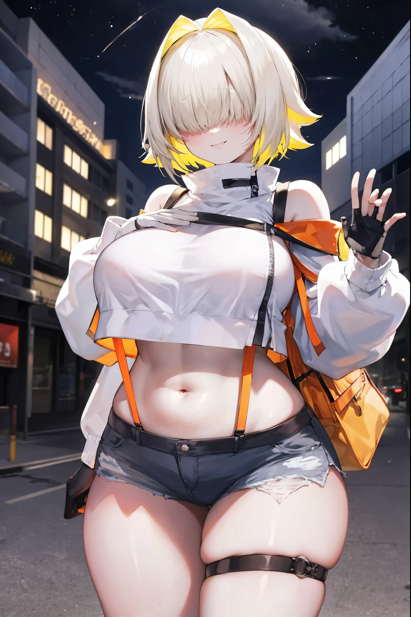 masterpiece, <lora:nababaStylizedLora_nababaNormal:1>, blonde hair, long hair, catwalk, hotpants, collar, nsfw