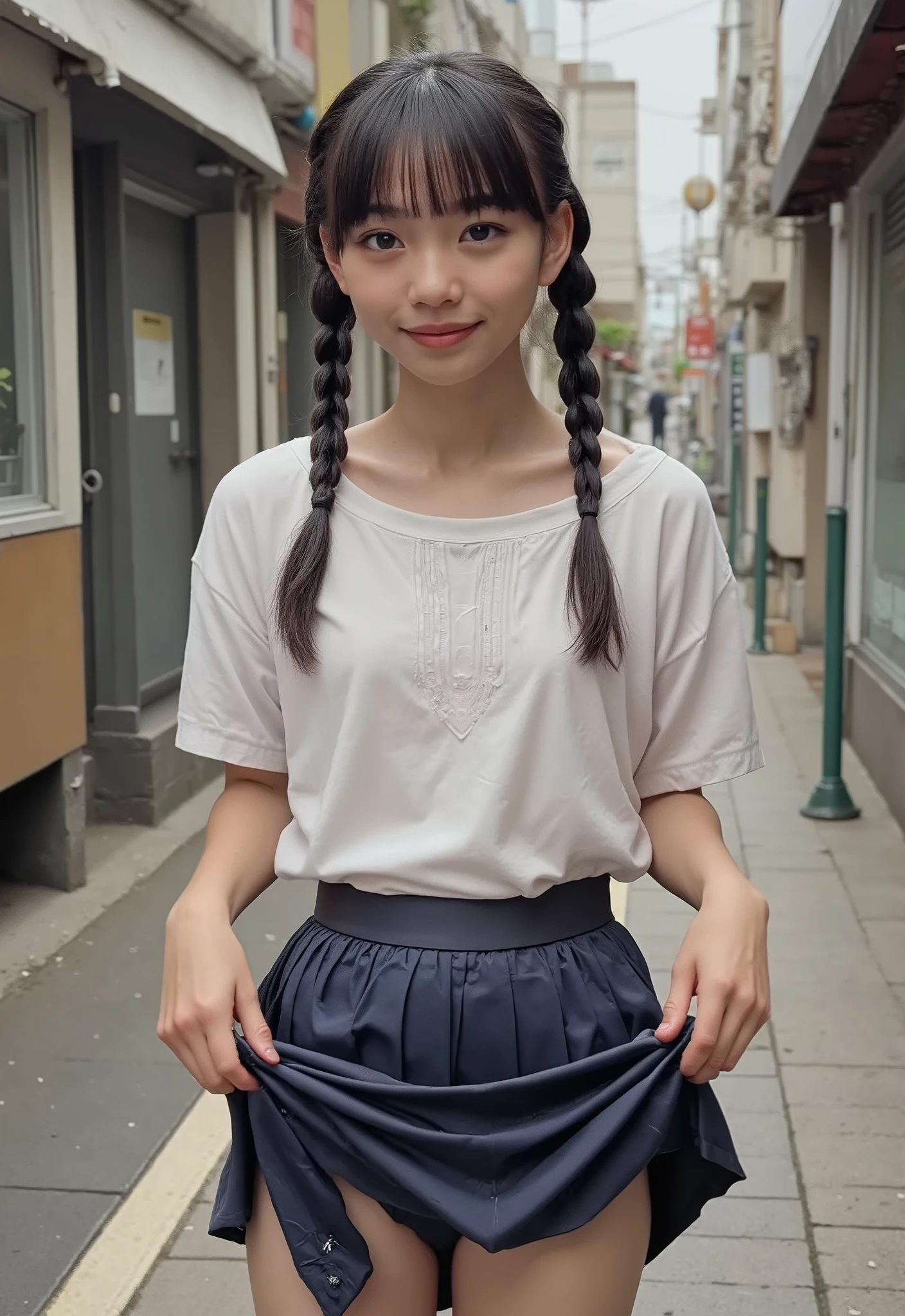 (4K, masterpiece, high quality, Details), ((Summer uniform, short navy blue pleated skirt , white panties, slender, sexy collarbone, flat chest, Body like a , Clothes Are Wet , Butt Facing the Camera , faceはこちらを向いている)), (( braid braids, スカートから white panties が見えている、 skirt slightly with both hands、 panties)), masterpiece, 最 high quality, Raw Photos, photorealistic , face, unbelievably ridiculous , beautiful girl, depth of coverage, high resolution, 超 Details, Finely Details, 、非常に Details, 極めて精巧な目とface, sharp pupils, Realistic pupil, Clear Focus, cinematic lighting