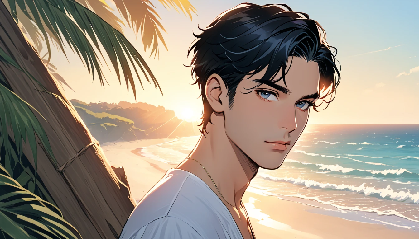 , he has short black hair whch is very stylish, he is wearing an (((opening his white shirt))) which shows his perfect athletic toned ((body with tan brown skin)), his body is shaved, shaved pubes so he can look sexy, His deep blue eyes hides mischief, his smile is flirty,he is dancing on a beach with low waist white shorts hiding his bulge,