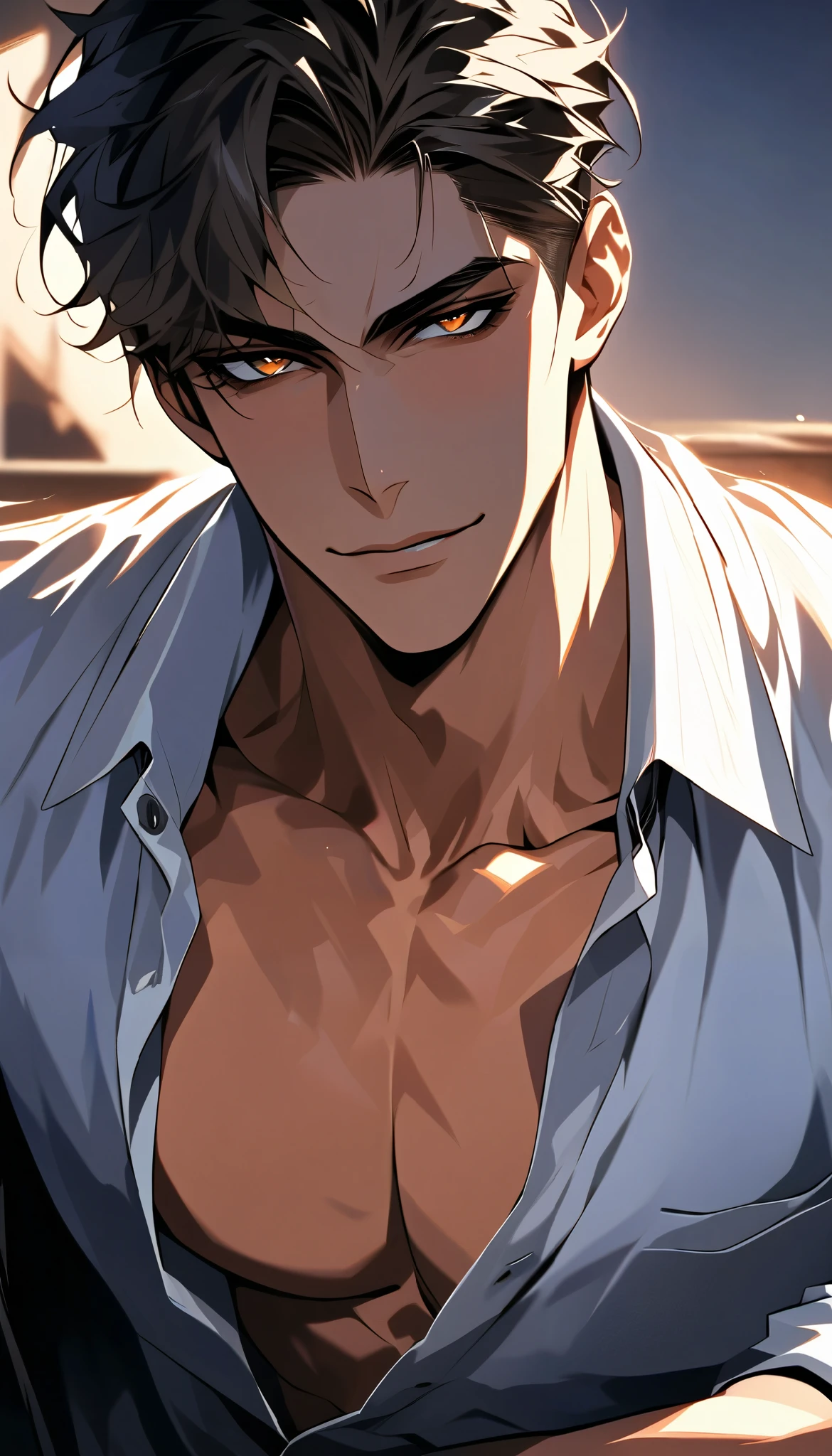 (masterpiece, high resolution, Top quality), unique , 1 male, 29-year-old male , nice, Sexy , tanned skin , dark haired, short hair , black eyes , sly smile , black skin, amber eyes