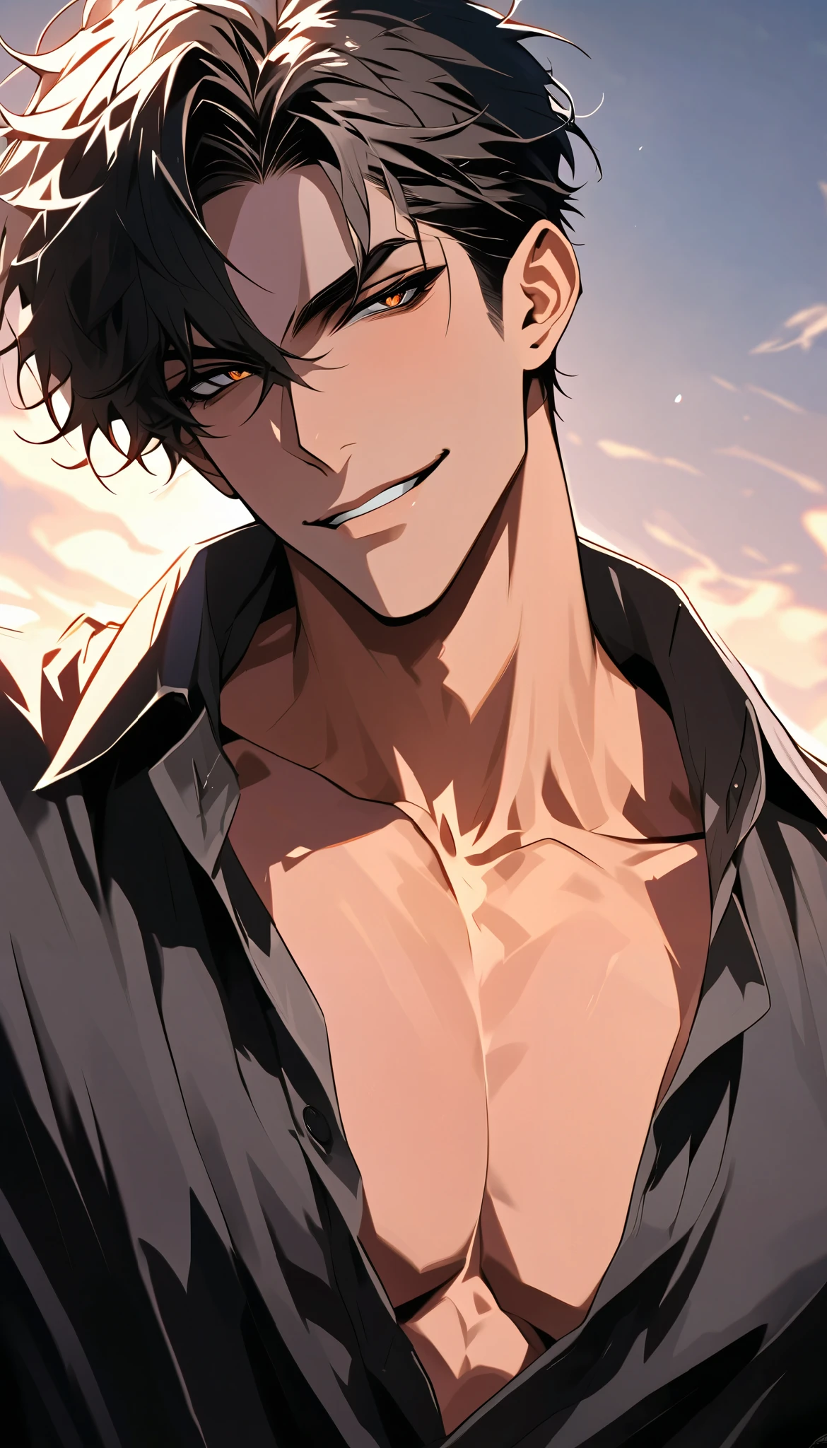 (masterpiece, high resolution, Top quality), unique , 1 male, 29-year-old male , nice, Sexy , tanned skin , dark haired, short hair , black eyes , sly smile , black skin, amber eyes
