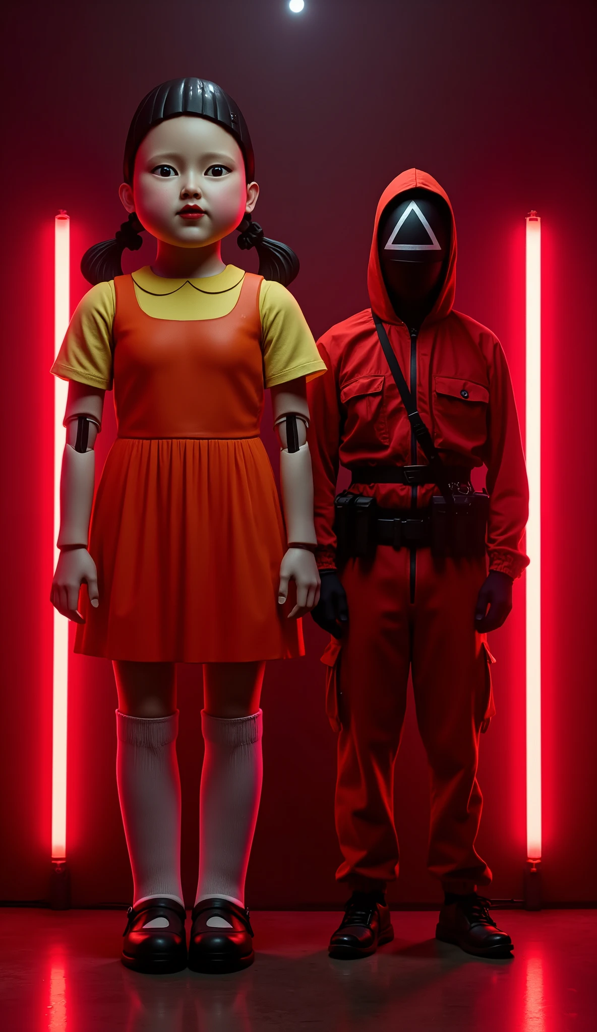 A highly detailed and depiction of two humanoid figures standing side by side against a dark background illuminated by red neon LED lights. The first figure is a giant mechanical doll with a like face, pale skin, black braided hair, and robotic joints on her arms and legs. She wears a yellow short-sleeved blouse, an orange pinafore dress, knee-high white socks, and black shoes. Her expression is emotionless and unsettling. The second figure is a masked guard dressed in a red hooded jumpsuit, black gloves, and a tactical belt. The guard wears a sleek black mask with a white geometric symbol (triangle, square, or circle) covering the face. The lighting casts a futuristic and dystopian atmosphere, with deep shadows and glowing red reflections.