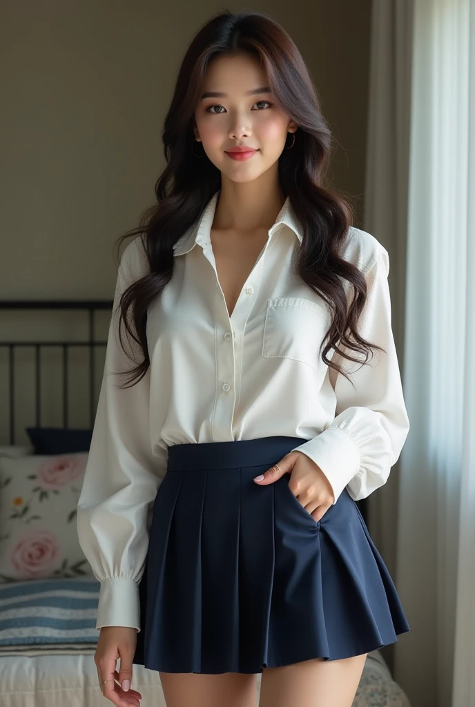 Foto hiperrealista en primer plano de Kelsey Asbille (native American), masterpiece, best quality, (photorealistic:1.4), full body, (white blouse:1.2), (blue pleated skirt below the knees:1.1), heels, coffee shop, cinematic light, beautiful woman, photo oh whole person, cinematic light, beautiful woman, skinny, large breasts, straight hair, detailed face, smile, photo taken from a distance