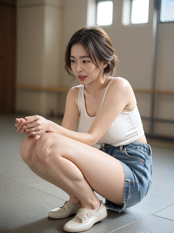 Tabletop, Beautiful woman, (30 years old、Japanese), (Background of a large window with a view of the sea、mechanical、Villa Area、Seaside Mansion、High ceilings), ,(((White tank top、Black spats))), (Very short brown hair), (D cup breasts:1.3)、feet, (Skin Texture:1.1), highest quality, 超A high resolution, (Realistic: 1.4), RAW Photos, , Nikon D850 film stock photo, f1.6 Lenses, Rich colors, Realistic, Cinestill 800, Backlight, Rim Light, Studio Lighting, Bright smile:1.3