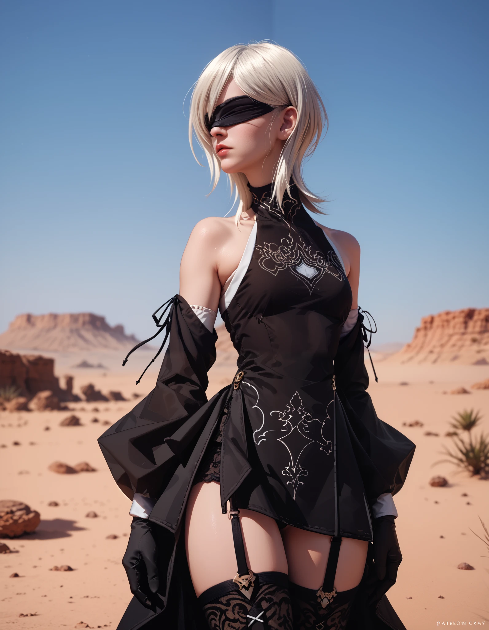 solo, yorha10h, white hair, black blindfold, black dress, short dress, lace-trim, detached sleeves, black gloves, garter straps, thigh-highs, standing in a flat gray desert, lunar surface, looking up at the sky, black sky, Earth, Earth in the center of the sky
