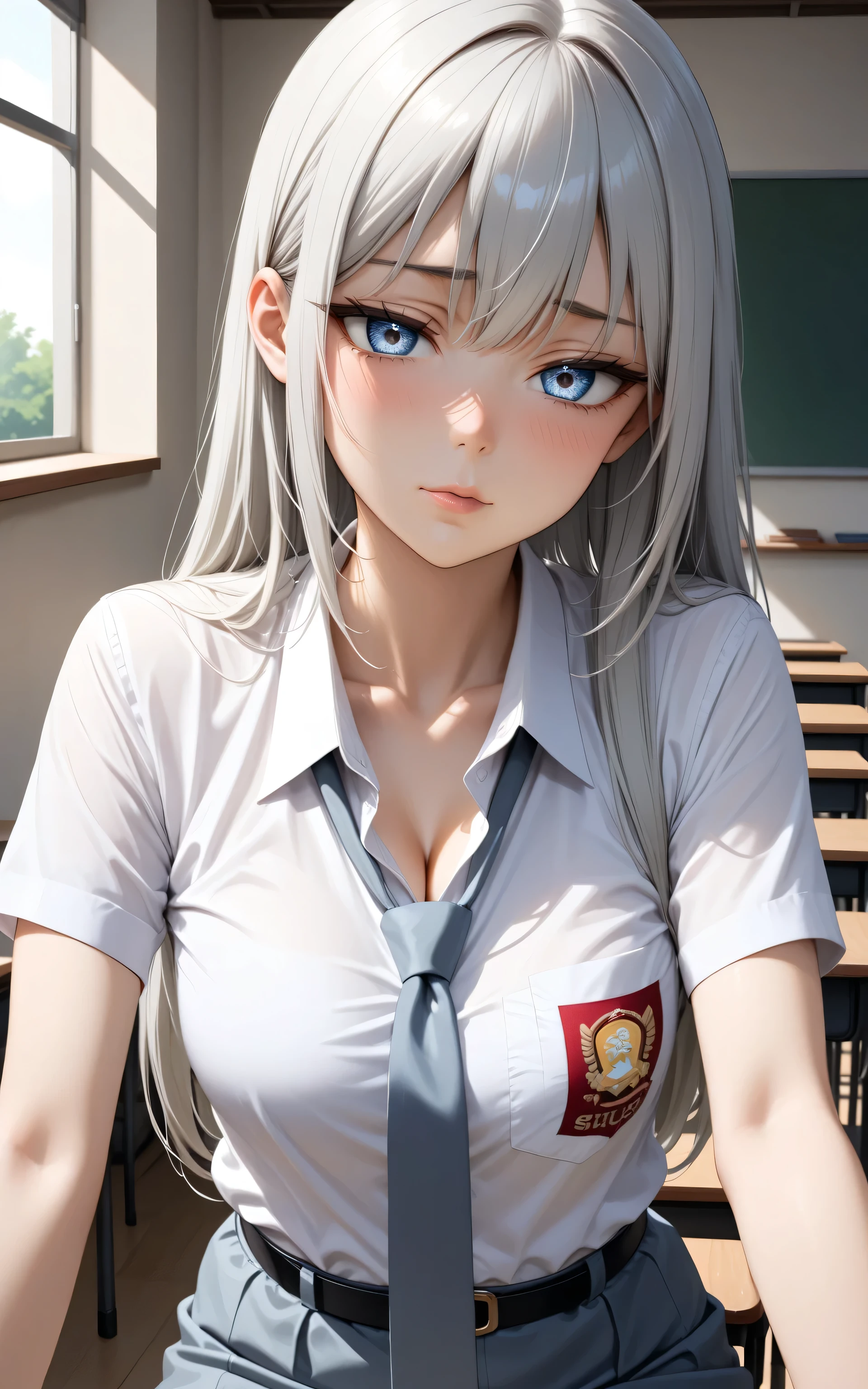 upper body, Random Sexy pose , ((Ultra detailing)), (very aesthetic, best quality, ultra detailed), intricate details,
1girl, silver hair, silver eyes,((Detailed eyes)), ((Beautifull eyes)), ((prefect eyes)), sharp jawline, long hair, shy, Licking her lips, Blush ,Wearing sma shirt, Gray tie, Gray Skirt, Belt, Pantyhose, Shoes, Cleavage, class room,