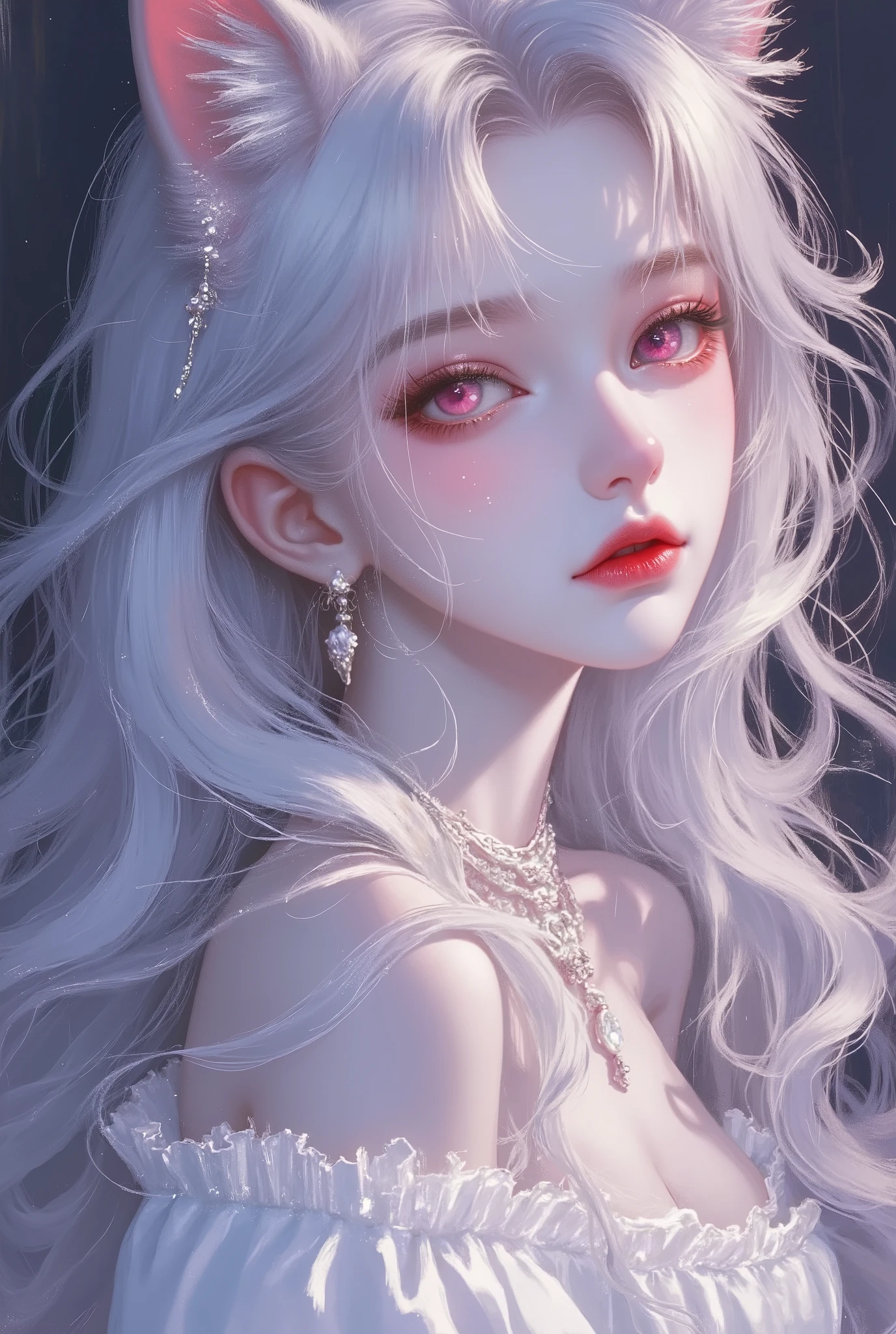 drawing art,pink eyes, fox Girl,fox eras,fluffy fox tail,illustrator, drawing art, anime , white clothers, realistic ,sketch , 1 girl, ,lip, sweater,order, drawing art, black gradient background, neon hair,Textured trim, drawing art, Canadian, ((work of art, best qualityer)), (negative space: 1.2), (1 girl, standing alone: 1.4)