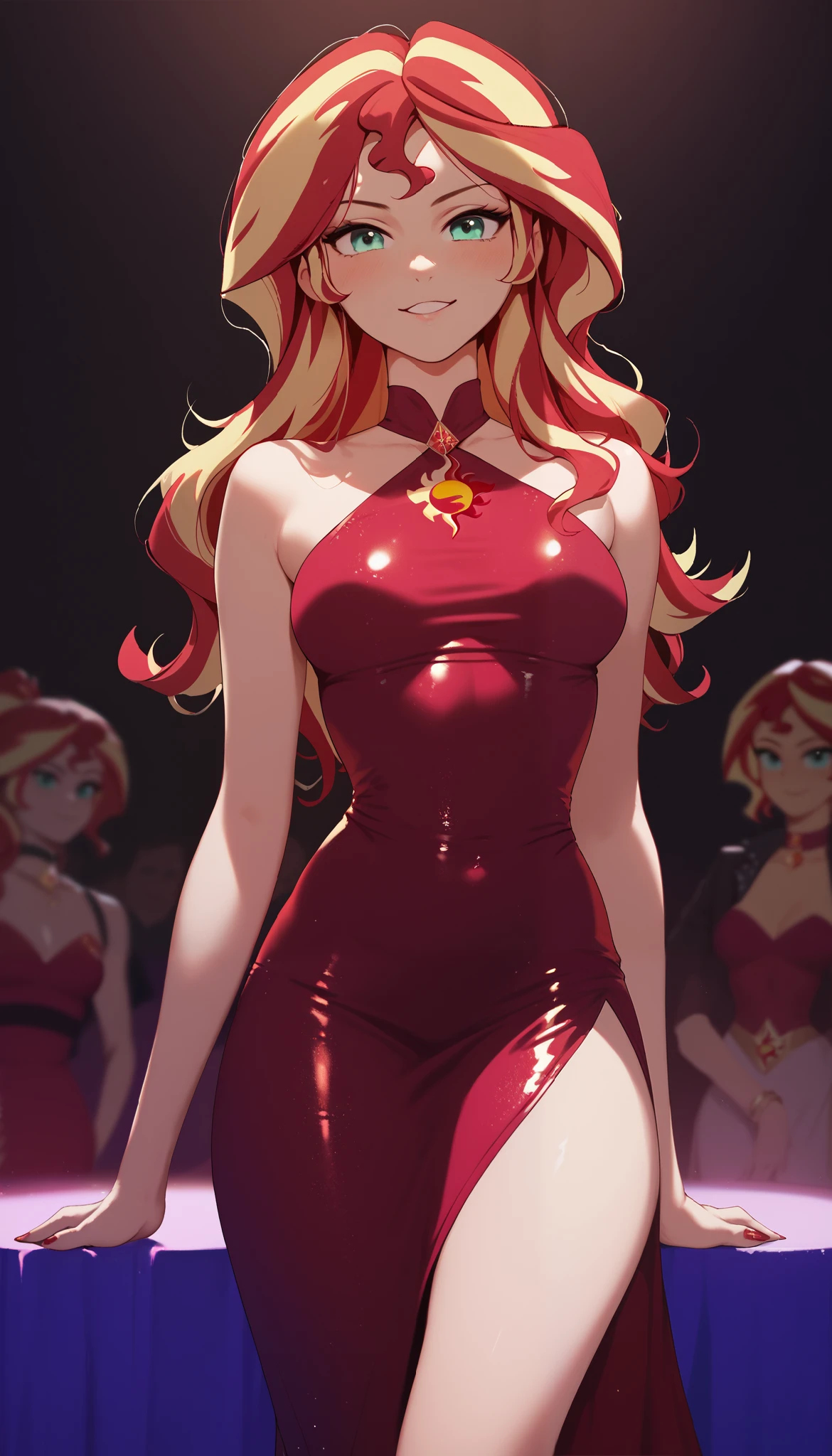 Sunset shimmer, red and yellow hair, wavy hair, on a stage, tight red dress, sexy, erotic