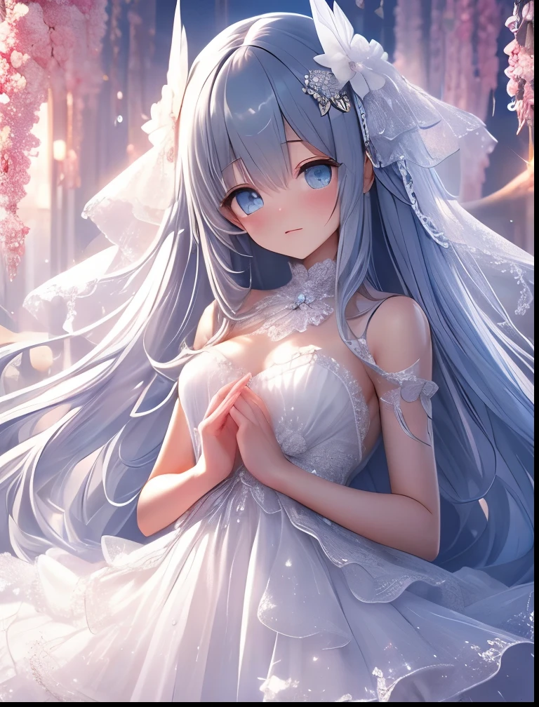 (((SFW、Accuracy、Highest quality、 A first-class masterpiece 、 Normal body 、8k、 detailed face 、 super precision 、 Normal Hands 、5 fingers、Highest、3d)))、『DeepOne - Zero and the Phantom Fragment』、Frau、 beautiful girl、Gray Hair、 long hair、Vermilion eyes、 slender、 slim、Big Breasts、 short、Young、clear、pure、pure、Innocence、ultra-thin white transparent nipple sheer simple dress、Muscle Exposure、Put your hands together at your chest、Face down, ashamed blush、Near Future Facilities