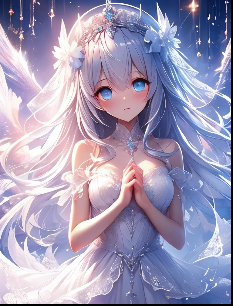 (((SFW、Accuracy、Highest quality、 A first-class masterpiece 、 Normal body 、8k、 detailed face 、 super precision 、 Normal Hands 、5 fingers、Highest、3d)))、『DeepOne - Zero and the Phantom Fragment』、Frau、 beautiful girl、Pure white hair、 long hair、Vermilion eyes、 slender、 slim、Big Breasts、 short、Young、clear、pure、pure、Innocence、ultra-thin white transparent nipple sheer simple dress、Muscle Exposure、Put your hands together at your chest、Face down, ashamed blush、Near Future Facilities