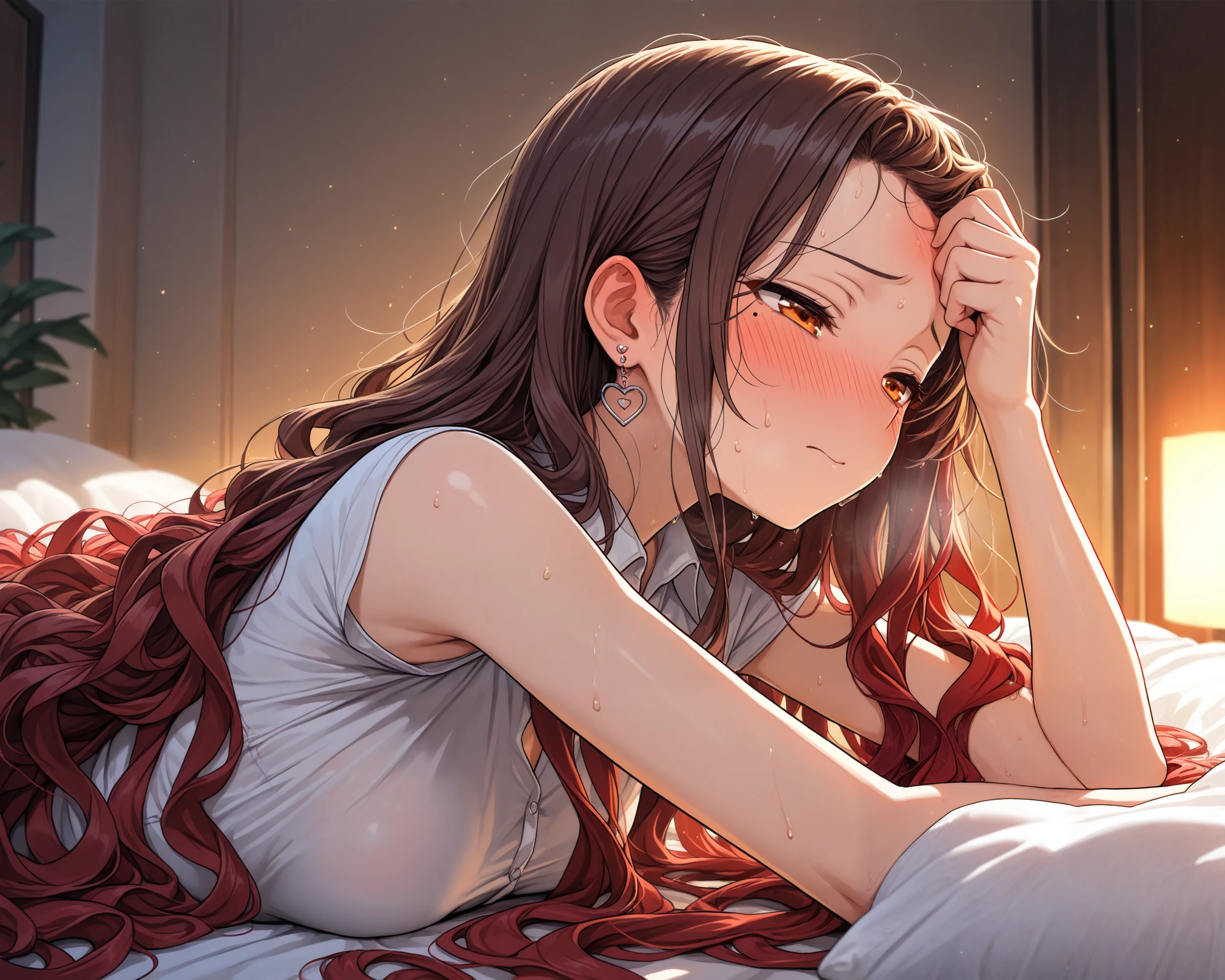 lying, lying on stomach, embarrassed, hand onA forehead, very cute face, cute girl, solo, long hair, wavy hair, ((brown hair with red ends)), Mole under the left eye, orange eyes, half closed eyes, flat breasts, taut collared shirt, heart Pierced earrings, blush, sweat, bedroom, room, facing away, flawless smooth skin, particles, fractal, (best quality,4k,8k,highres,masterpiece:1.2),ultra-detailed,intricate details, high fashion, dramatic lighting, warm colors, chiaroscuro