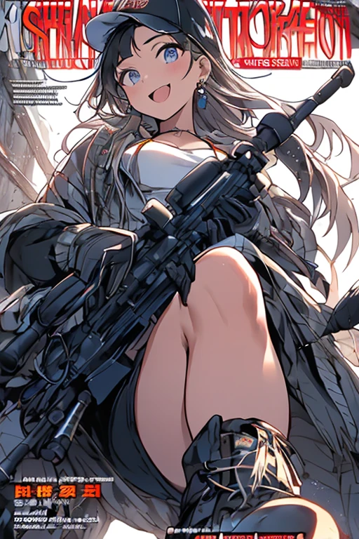 girl,big breasts,Bikini Tops,hot pants,gloves,smile,boots,Knee-high socks,full body Shot,gun,