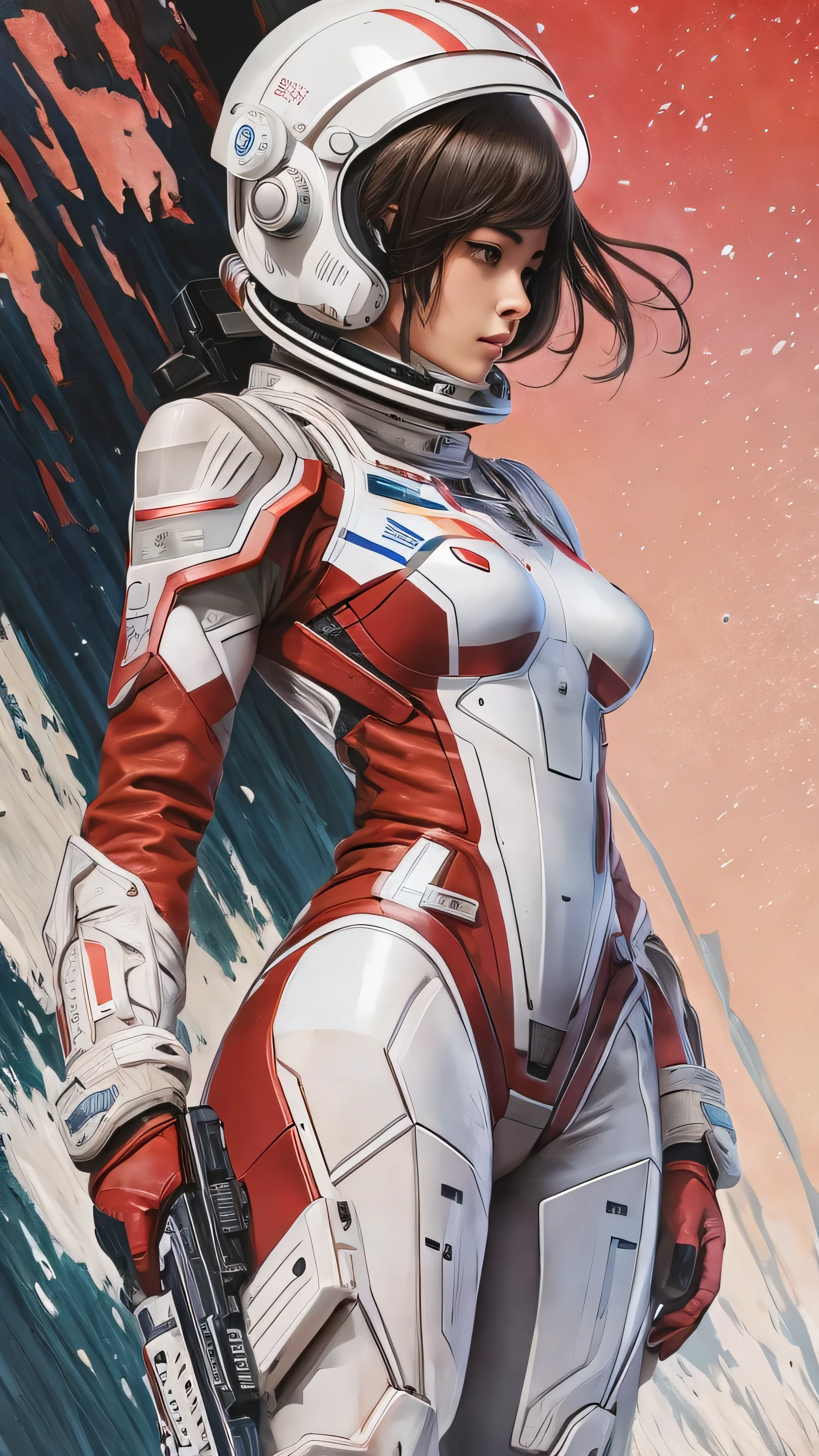 masterpiece, best quality, 1 girl in the best, A beautiful woman in a white and red combat uniform、A scene from a space thriller movie, Bauhaus, Battles on Other Planets , Desert and Trees , Abstract 、Terra Formars。