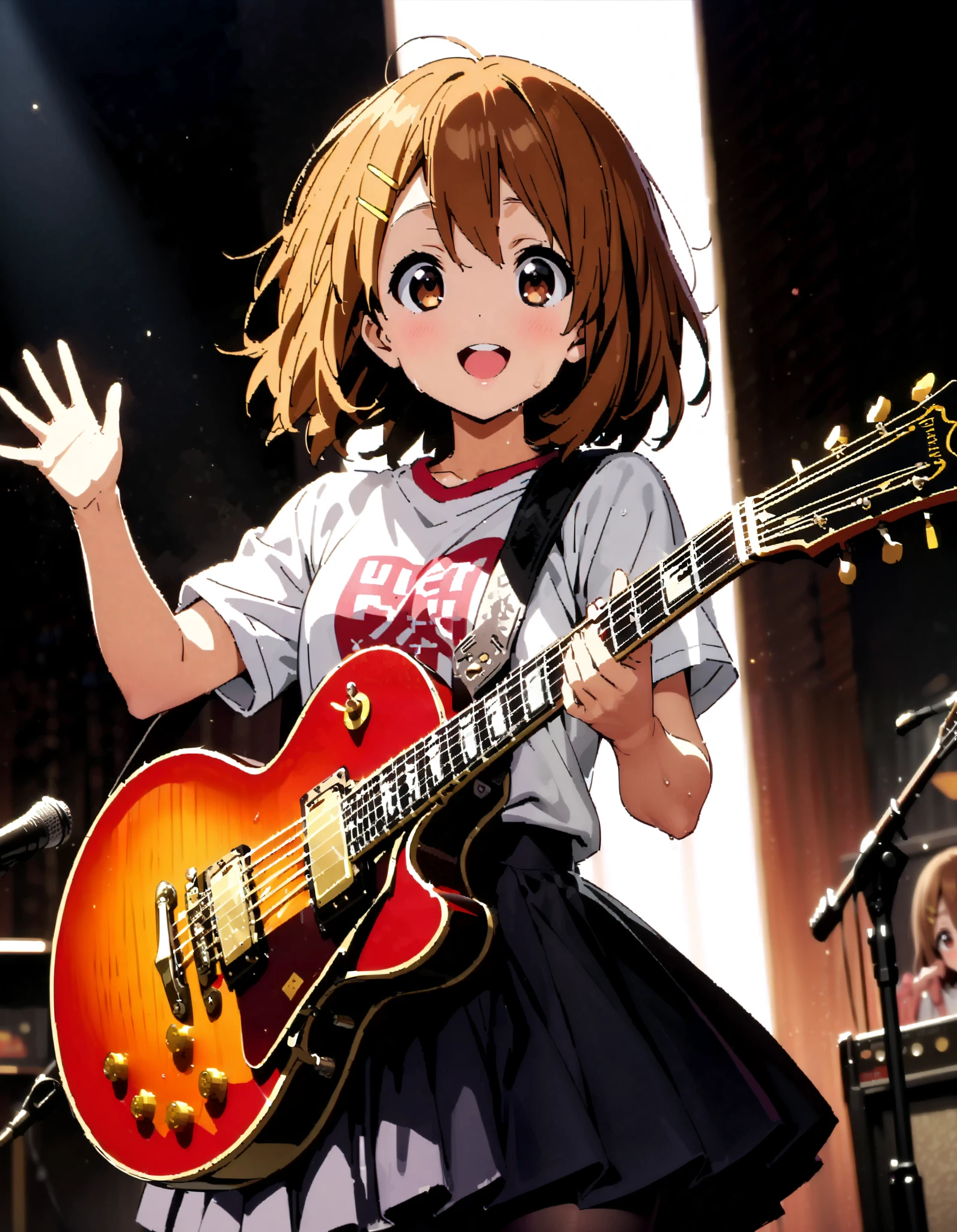 Yui Hirasawa, Yui Hirasawa, brown eyes, Hair, Alone, hair ornament, hair clip, medium hair ,smile, open their mouths, black pantyhose,Playing with a black oversized , t-shirt mini pleated skirt , guitar(Gibson) , Instrument playing, Stage Performance ,Singing in front of the microphone, playing in front of the microphone,sweat,whole bodyがイラストに入るように,
break looking at viewer,whole body,
break indoors, live house,
break (masterpiece:1.2), top quality, high resolution, unity 8k 壁紙 , (shape:0.8), ( attention to beautiful details :1.6), Highly Detailed Face , perfect lighting, highly detailed CG, ( perfect hand, perfect anatomy),