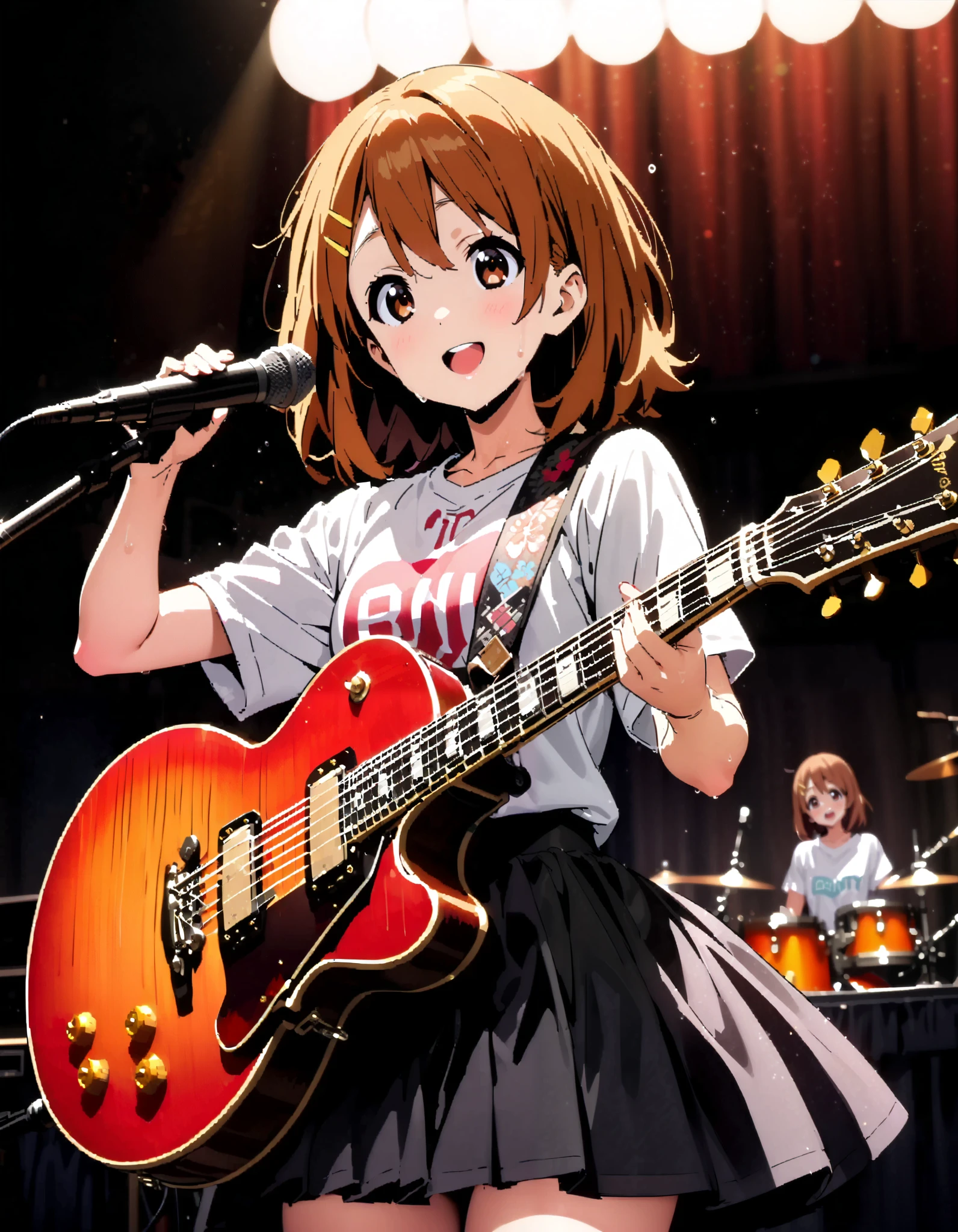 Yui Hirasawa, Yui Hirasawa, brown eyes, Hair, Alone, hair ornament, hair clip, medium hair ,smile, open their mouths, black pantyhose,Playing with a black oversized , t-shirt mini pleated skirt , guitar(Gibson) , Instrument playing, Stage Performance ,Singing in front of the microphone, playing in front of the microphone,sweat,whole bodyがイラストに入るように,
break looking at viewer,whole body,
break indoors, live house,
break (masterpiece:1.2), top quality, high resolution, unity 8k 壁紙 , (shape:0.8), ( attention to beautiful details :1.6), Highly Detailed Face , perfect lighting, highly detailed CG, ( perfect hand, perfect anatomy),