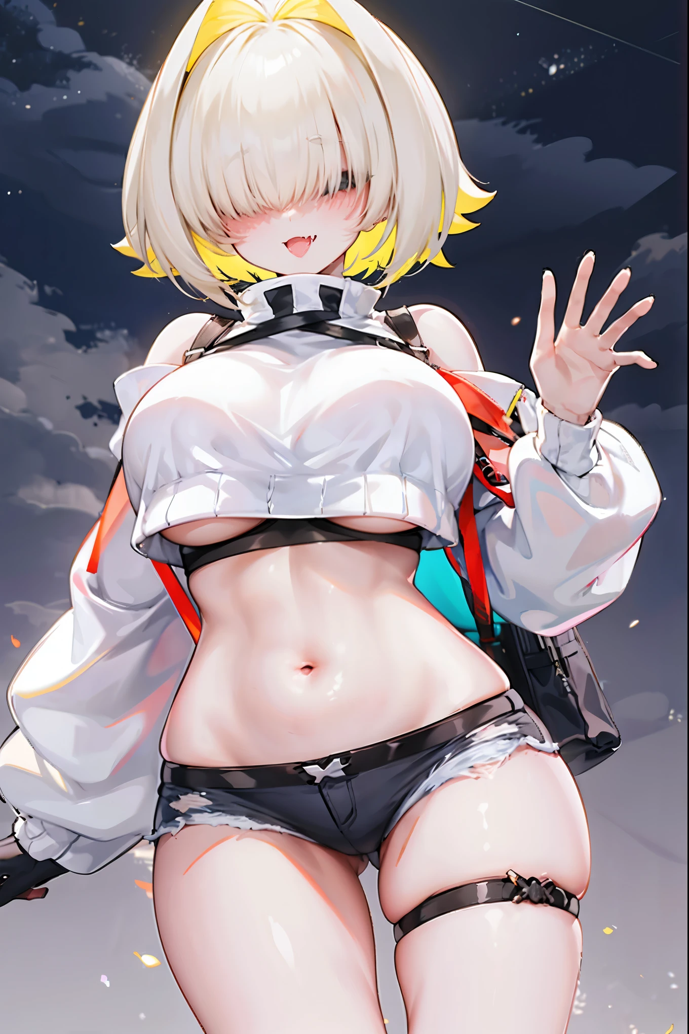 score_9, score_8_up, score_7_up, source_anime BREAK 1girl, solo, elegg, short hair, bangs, hair intakes, multicolored hair, hair over eyes, crop top, bare shoulders, long sleeves, suspenders, midriff, navel, short shorts, thigh strap, multicolored_gloves, large breasts, looking at viewer, thick thighs, (plump:0.5),(plump_lower:0.7), standing, smug, waving,
,future_city_background,night,under_breasts,lighting, (sharp_glance:0.2),nihil_smile,fang, pockets_protruding_from_shorts