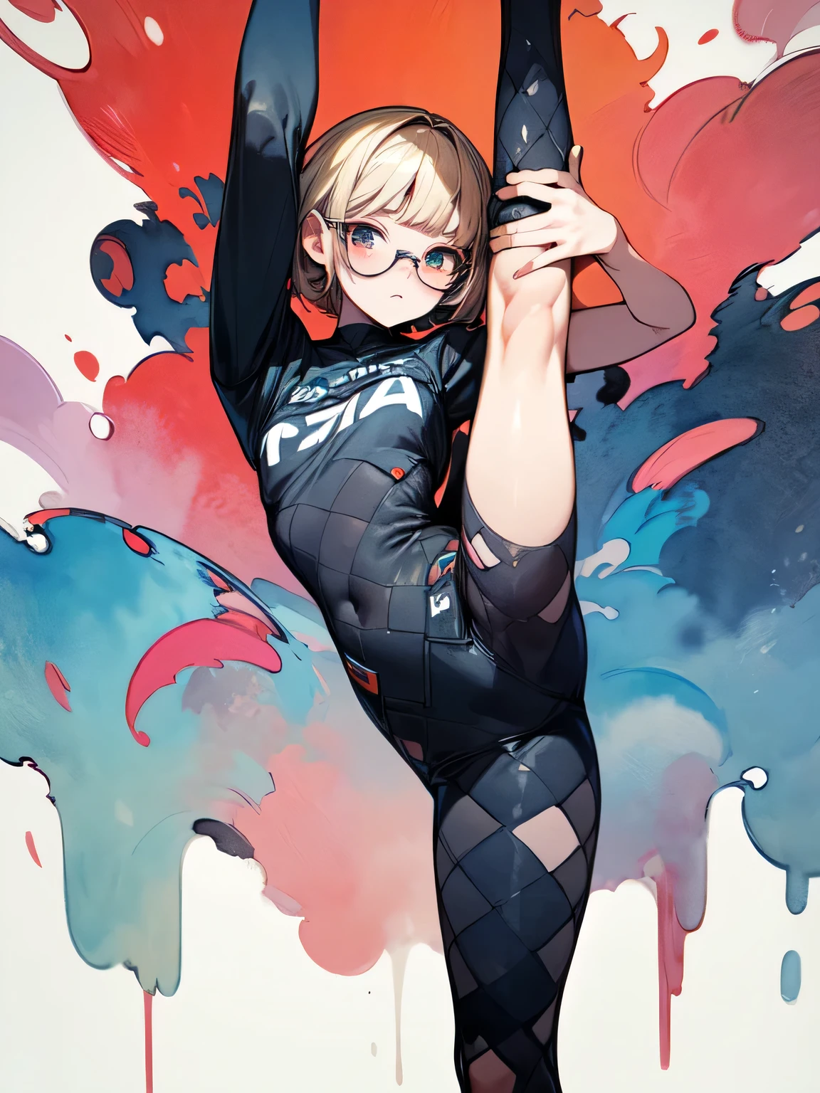 Alone,((standing on one Leg, Leg_lift standing_split:1.5)), dancing, perfect anatomy,17years old,blonde short pixie cut,(blunt bangs),glasses,cute face,sexy print_Legwear, oiled skin, best quality, top quality, best quality, like a painting, watercolor painting style, The Art of Mathematics, Official Art, Masterpiece, beautiful, ((watercolor)), paint splashes, complex details. very detailed, [Drooping:0.7],