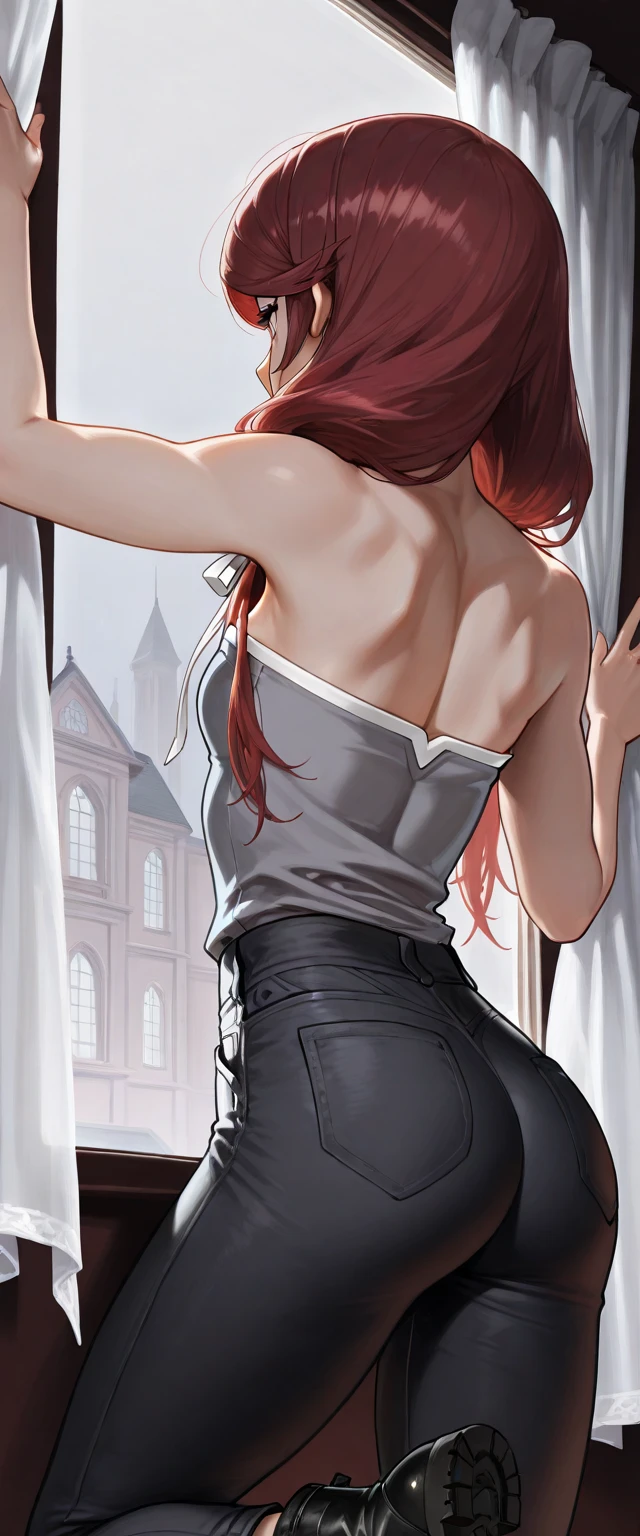 score_9, score_8_up, score_7_up, 1girl, solo, back view, ass, reaching up to adjusts curtains on window, low twin tails, gray eyes, dark red hair,  (((long swept bangs))), thin, close up, small breasts, slightly toned arms, (((strapless))), ((strapless loose sleeveless shirt, gray shirt, shirt with white trim, black jeans)), black combat boots , hair ribbons, posh mansion, dark, 