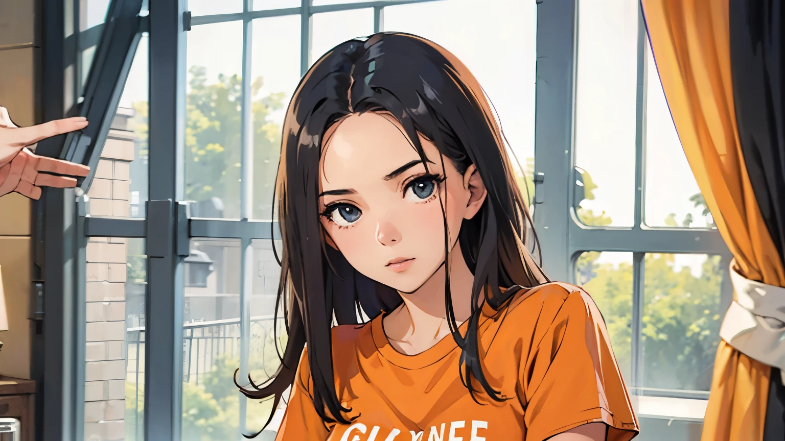 1girls,highres,  High Quality,Hair coloring,Shoulder length,Turn to the right,45 degree,The backdrop is urban.,morning,Wear a light yellow shirt.,