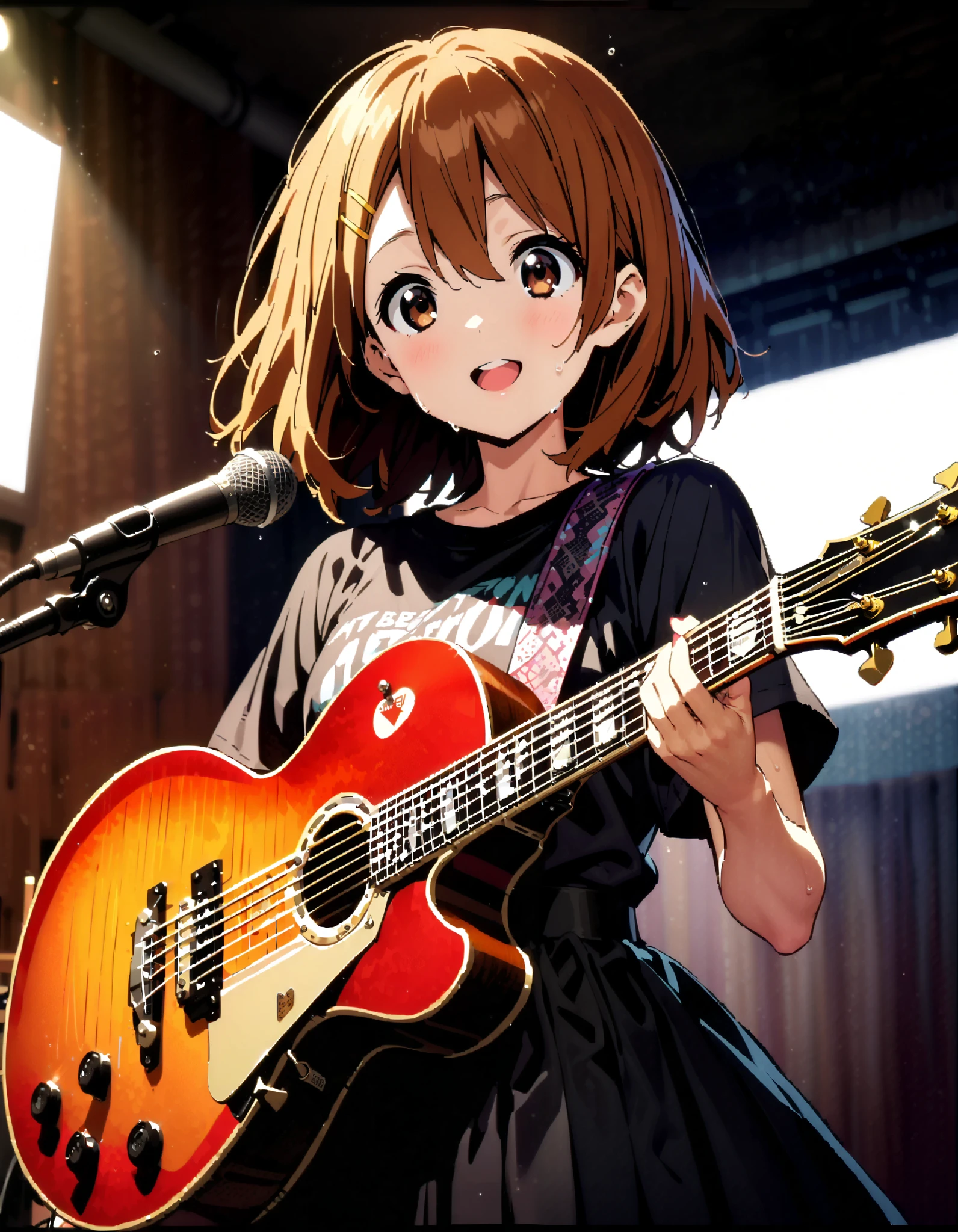 Yui Hirasawa, Yui Hirasawa, brown eyes, Hair, Alone, hair ornament, hair clip, medium hair ,smile, open their mouths, black pantyhose,Playing with a black oversized , t-shirt mini pleated skirt , guitar(Gibson) , Instrument playing, Stage Performance ,Singing in front of the microphone, playing in front of the microphone,sweat,whole bodyがイラストに入るように,
break looking at viewer,whole body,
break indoors, live house,
break (masterpiece:1.2), top quality, high resolution, unity 8k 壁紙 , (shape:0.8), ( attention to beautiful details :1.6), Highly Detailed Face , perfect lighting, highly detailed CG, ( perfect hand, perfect anatomy),