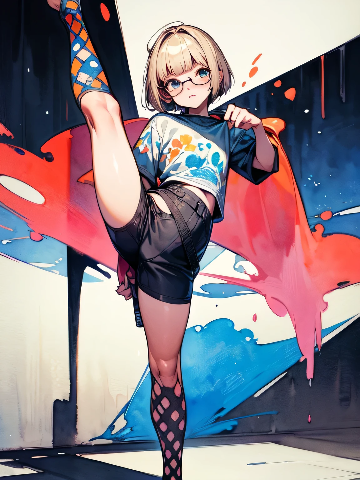 Alone,((standing on one Leg, Leg_lift standing_split:1.5)), dancing, perfect anatomy,17years old,blonde short pixie cut,(blunt bangs),glasses,cute face,sexy print_Legwear, oiled skin, best quality, top quality, best quality, like a painting, watercolor painting style, The Art of Mathematics, Official Art, Masterpiece, beautiful, ((watercolor)), paint splashes, complex details. very detailed, [Drooping:0.7],
