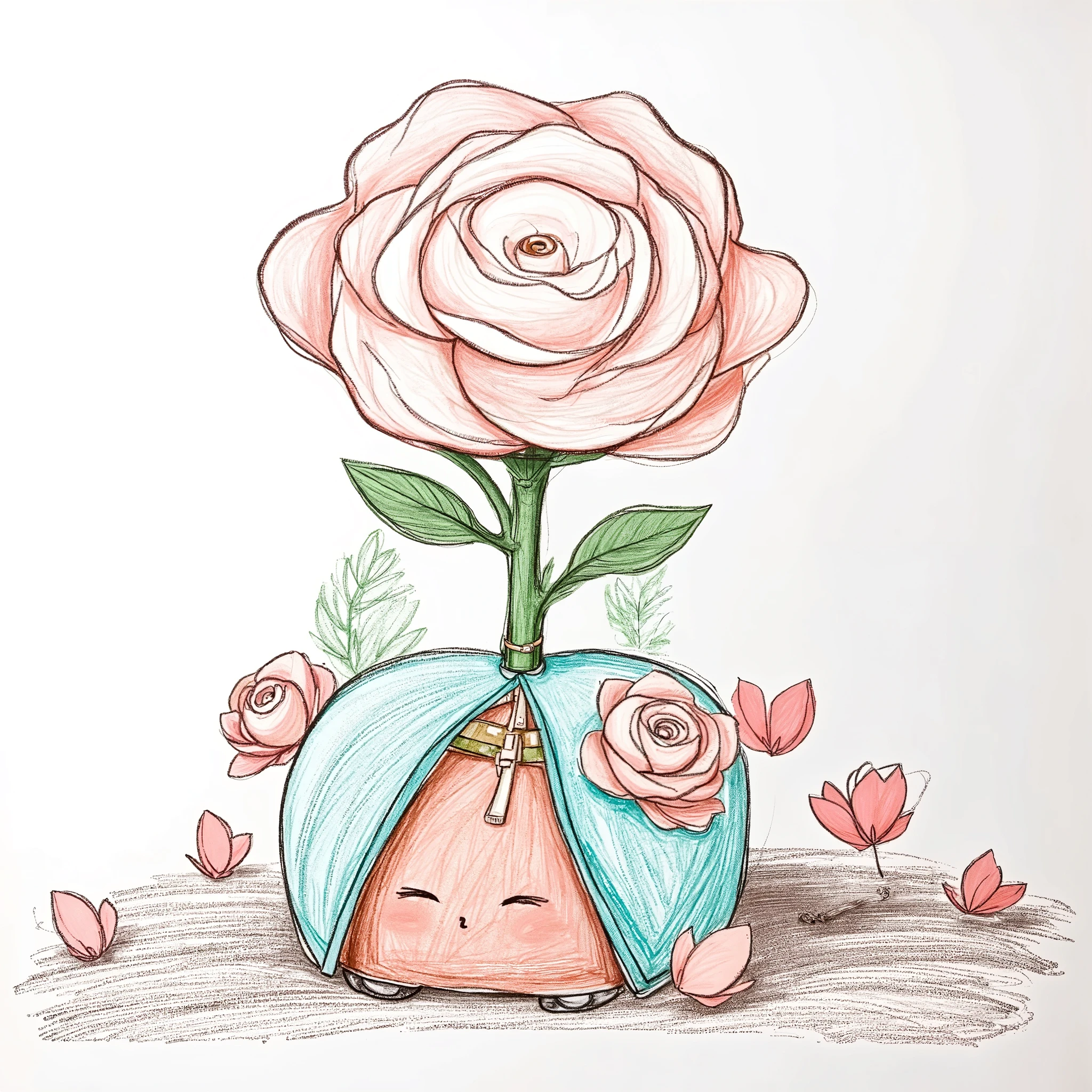 minimal style , icon style , Cute Illustrations , stick figure\(The head has been replaced by a simple rose flower with minimal eyes and mouth , Limbs on branches、Rose flower hand、The body of the branch is a very thin curved branch, Hands are cheap hands with the same color scheme as roses、My feet wear shoes in the same color scheme as the branches、 soft green and pastel pink colors that emphasize minimalistic and adorable features, smooth, rounded lines , gentle and friendly expression \),The figure is sitting with his knees bent, clean white background, simple and playful design , emphasizes minimal and adorable features