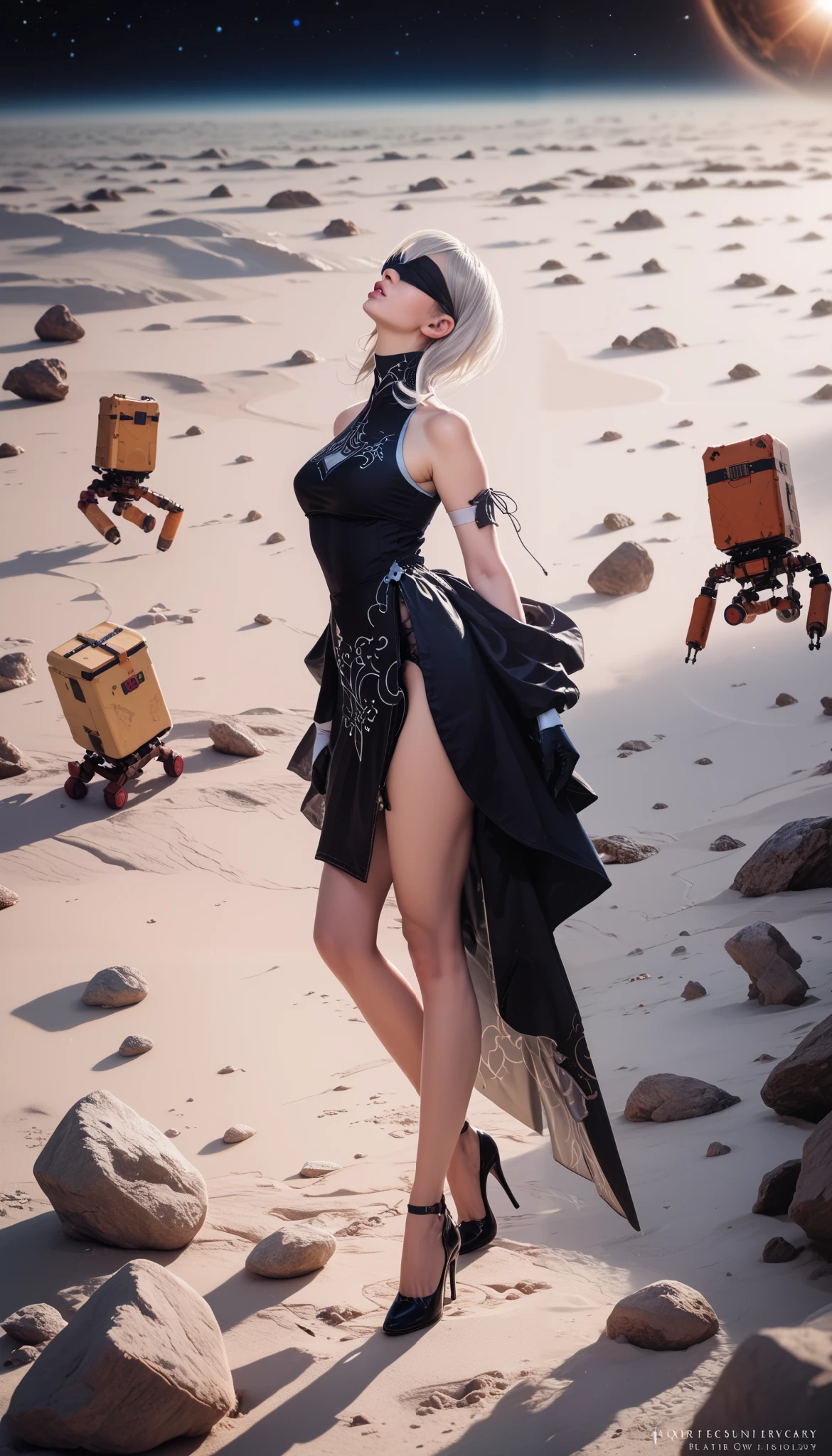 yorha10h, white hair, beautiful detailed lips, black blindfold, wearing a black elegant dress, standing on the lunar surface, light gray sand and rocks, looking up at the black sky with Earth in the center, outer space, hyper-detailed, cinematic lighting, dramatic, 8k, photorealistic, masterpiece, science fiction
