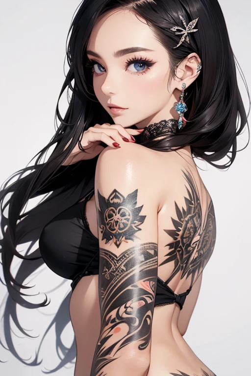 ((Highly detailed CG unit 8k wallpaper, masterpiece, High resolution, highest quality, highest qualityのリアルテクスチャスキン)), ((very beautiful woman, Nana Komatsu, Posing like a model:1.5, plump lips, tattoos all over the body)), (messy black hair, white skin, small breasts), ((white background, mandala)), Sumi-e, hyper realistic, digital painting, concept art,