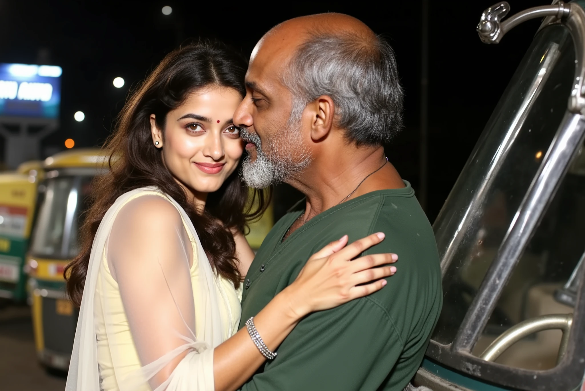 woman age 325 is a beautiful indian woman dressed in a yellow transparent saree, is hugged by an old man. She is wearing a sleeveless blouse under the saree. Her hair is long and loose. She smiles mysteriously at the camera. The man is in his 60s, bald, dark complexion has a big grey beard. The scene takes place outdoors at night in delhi. The setting is a street, with old auto-rickshaws in the background. The composition is a medium close-up, focusing on the interaction between the figures. The atmosphere is suggestive, and laced with intimacy