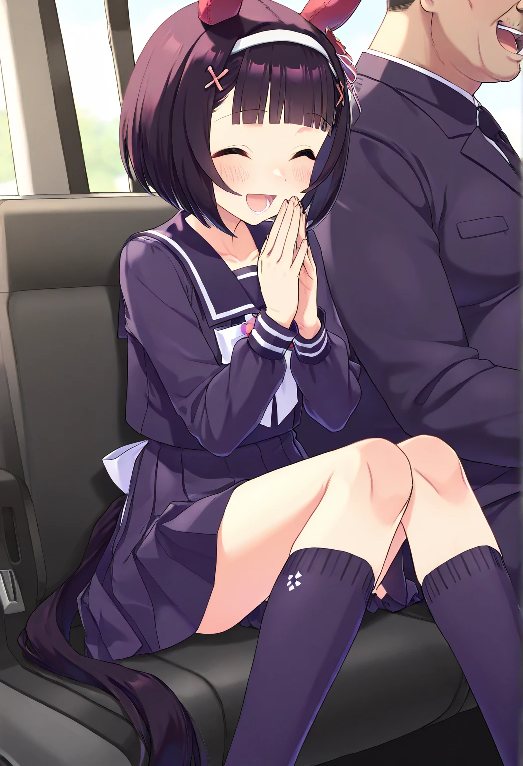 A middle-aged man is making a girl with erect nipples, black short bob hair, small breasts and light pubic hair, who is crying and unwilling on a train, with no underwear and a blue checked skirt, spread her legs and insert her fingers into her vagina.